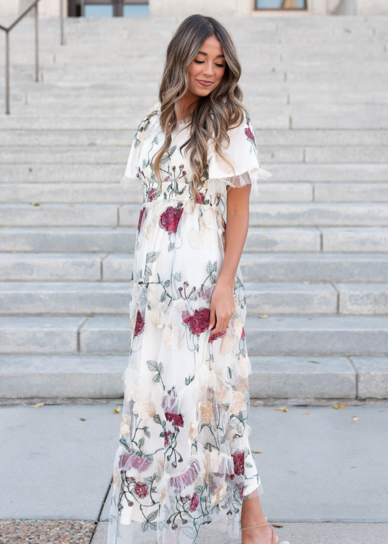 Evie Cream Floral Mesh Dress