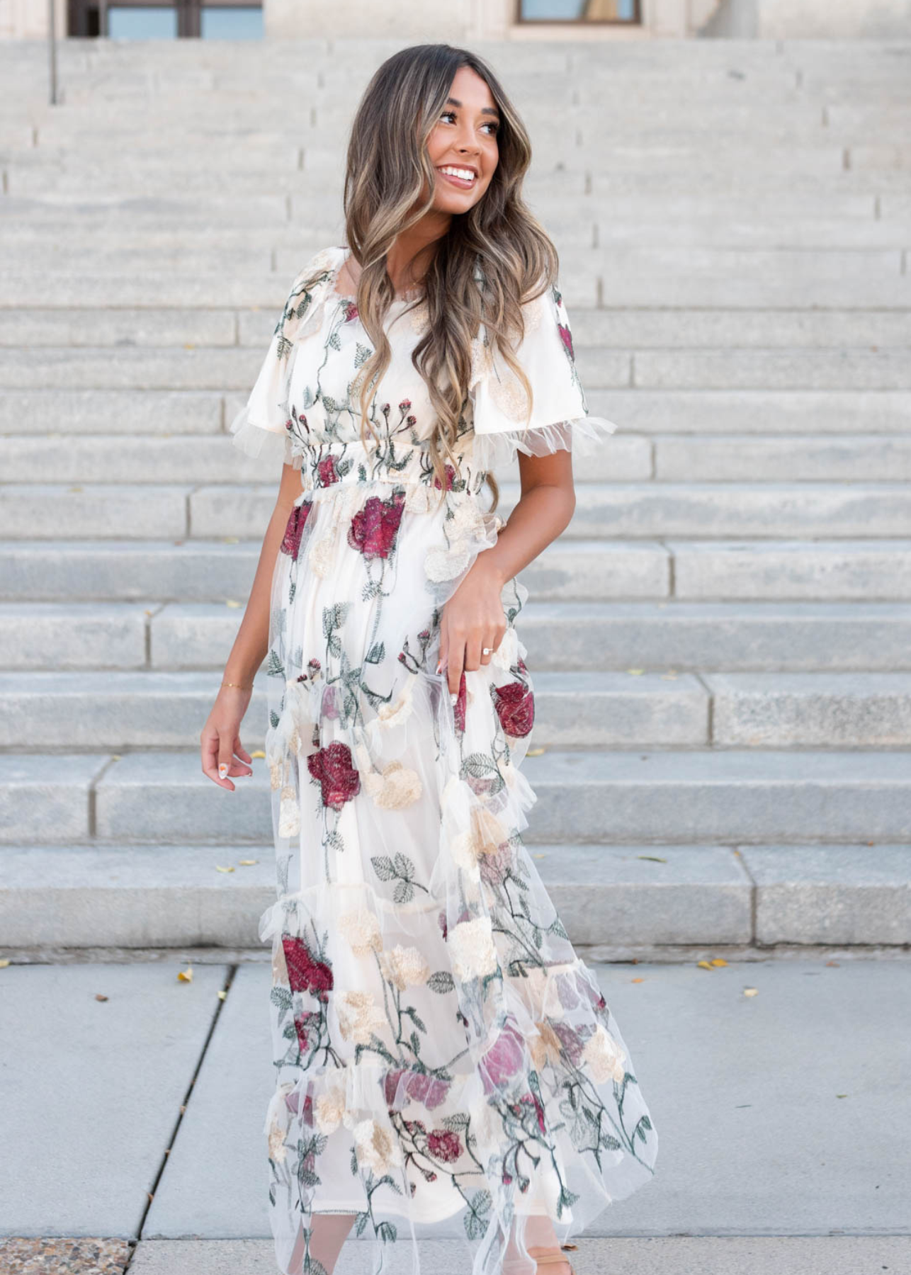 Evie Cream Floral Mesh Dress