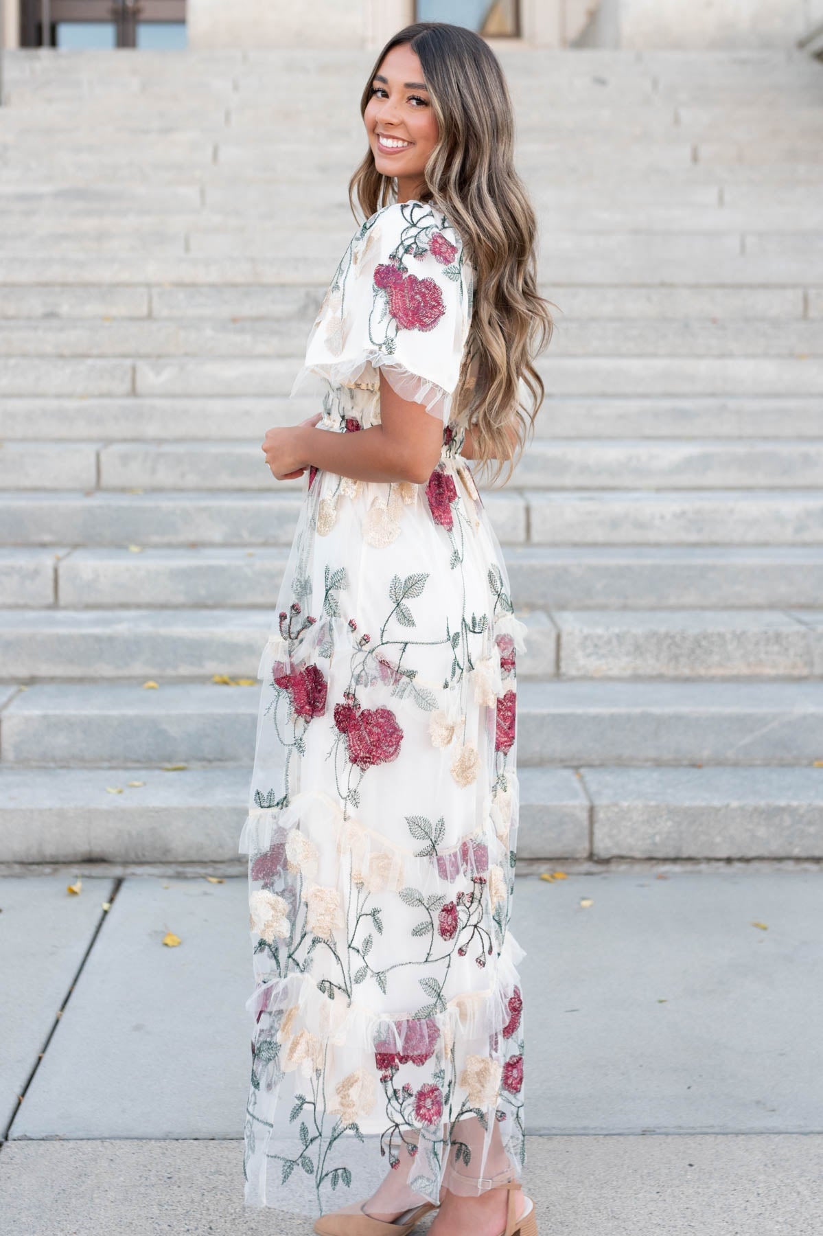 Evie Cream Floral Mesh Dress