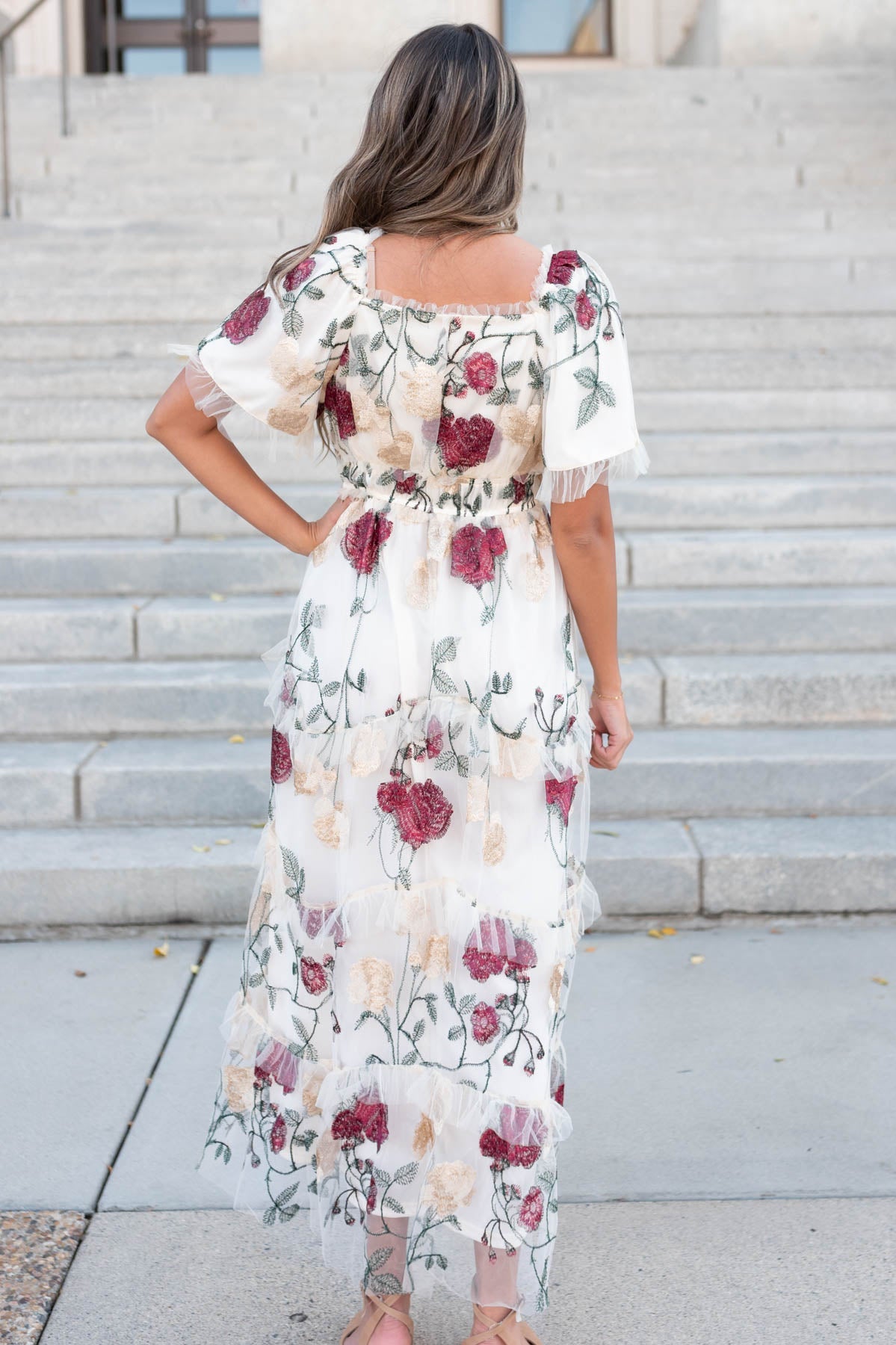 Evie Cream Floral Mesh Dress