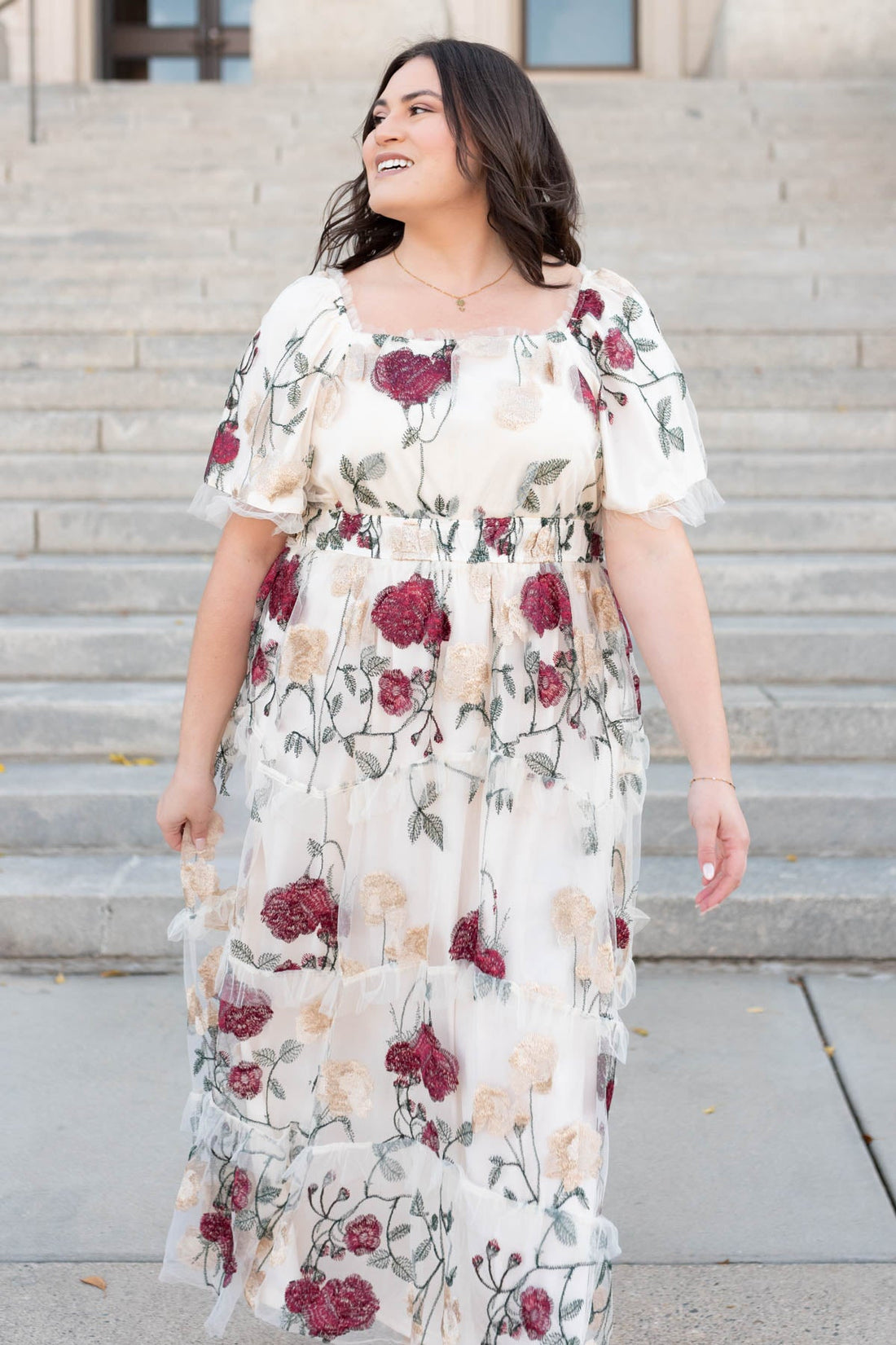 Evie Cream Floral Mesh Dress