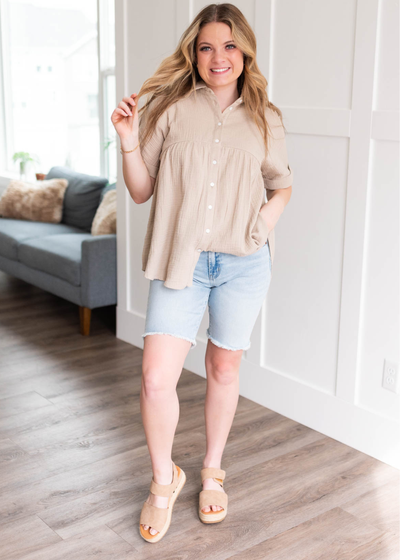 Gabi Taupe Button Down Top