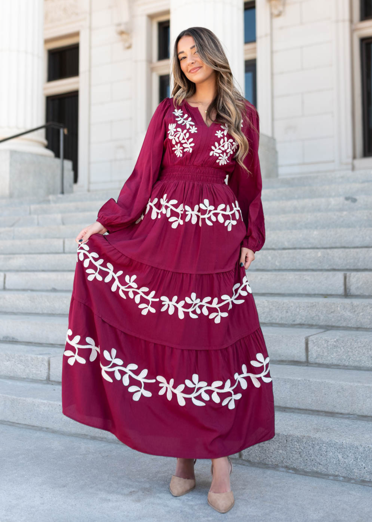 Gianna Wine Floral Embroidered Dress