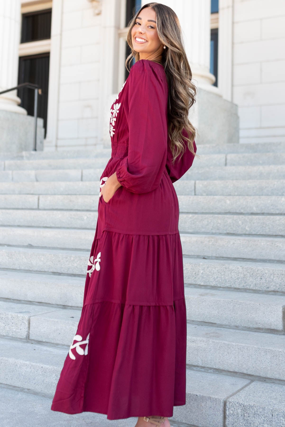 Gianna Wine Floral Embroidered Dress
