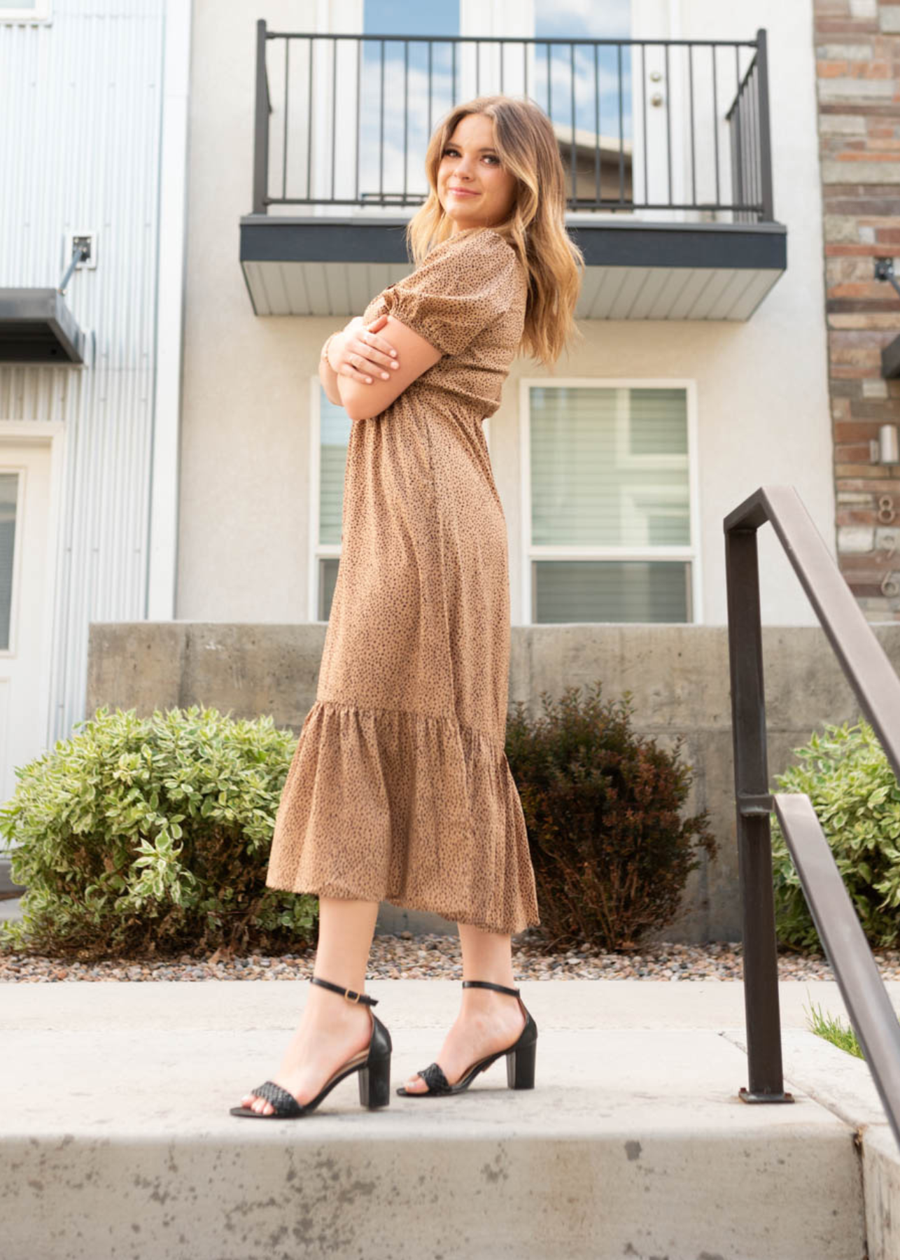 Gianni Taupe Black Dot Dress