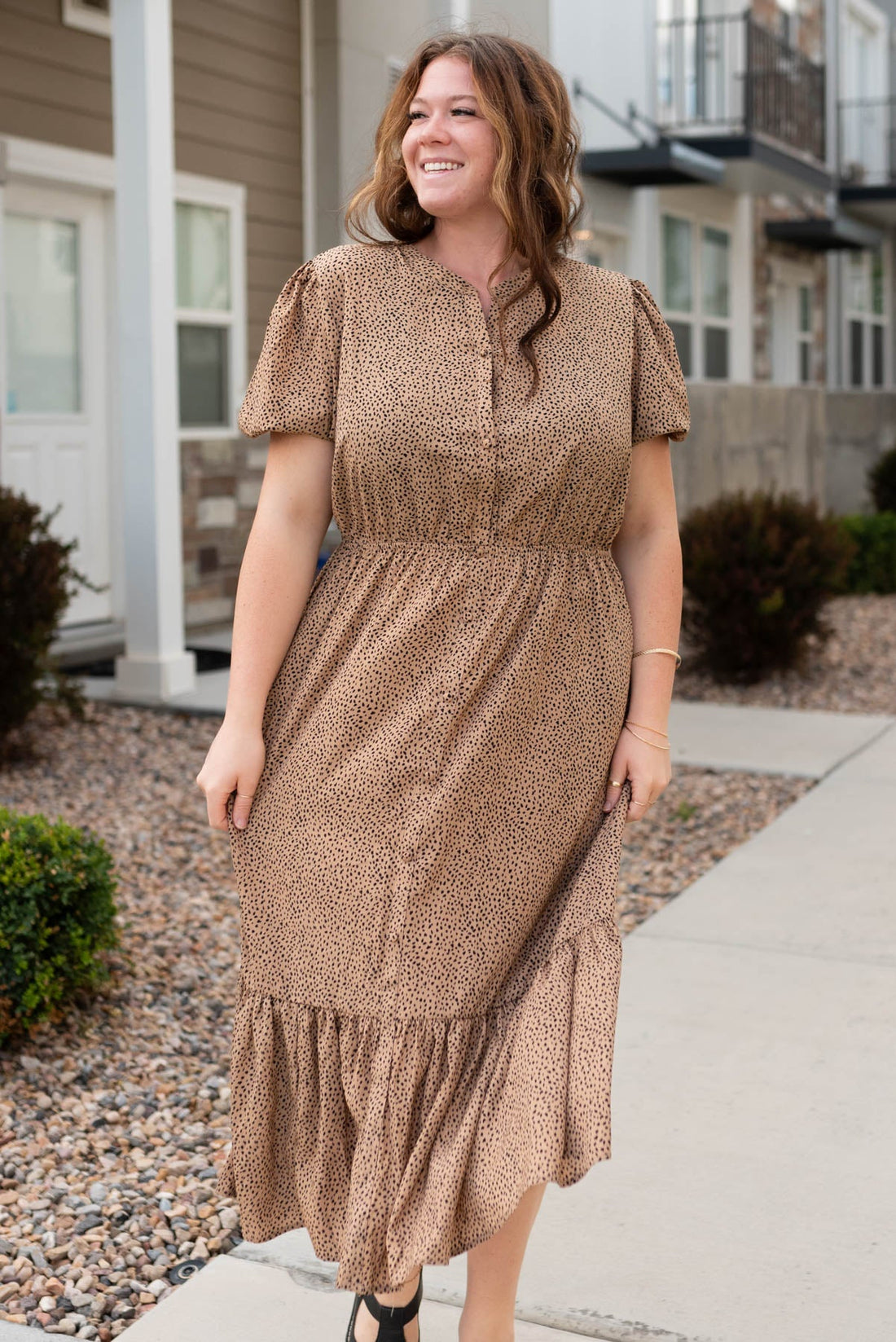 Gianni Taupe Black Dot Dress
