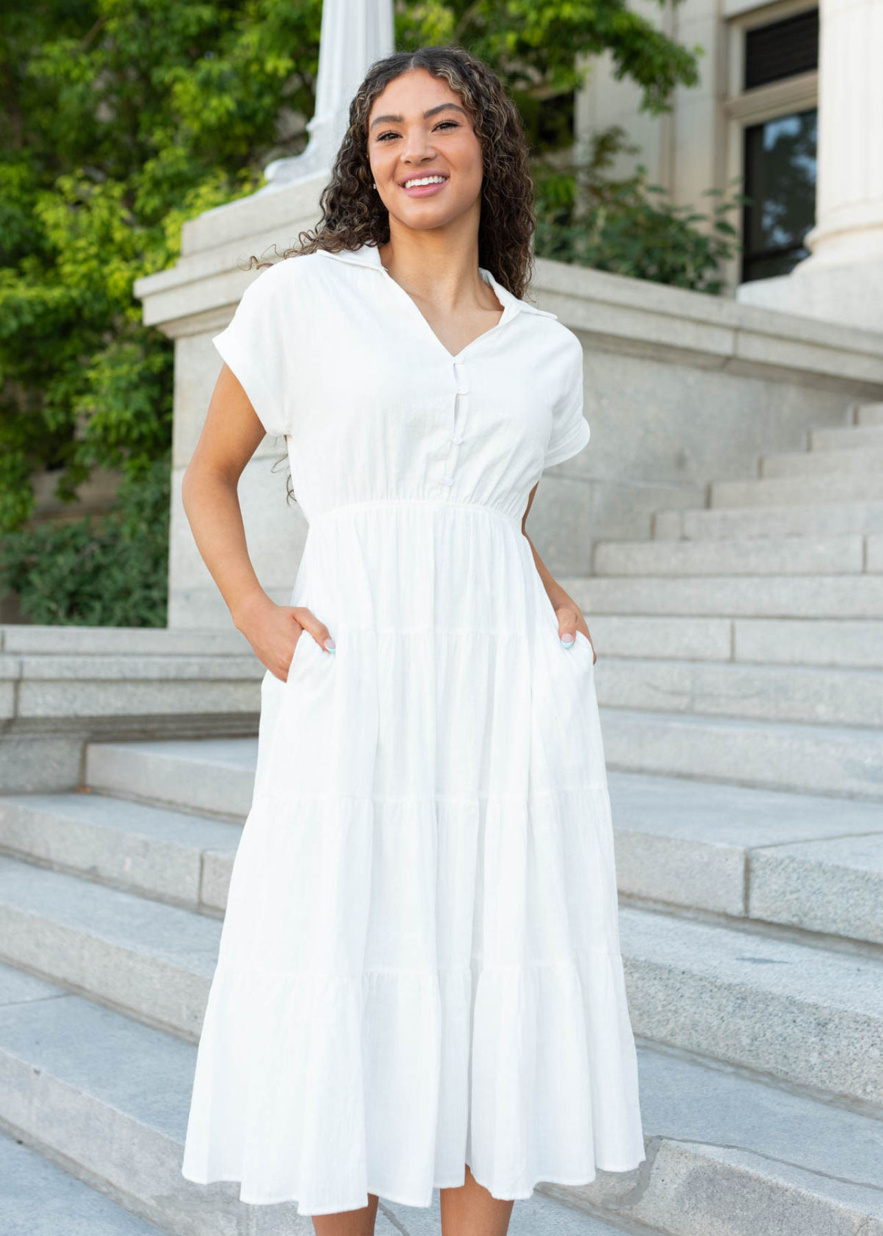Haley White Collard Tiered Dress