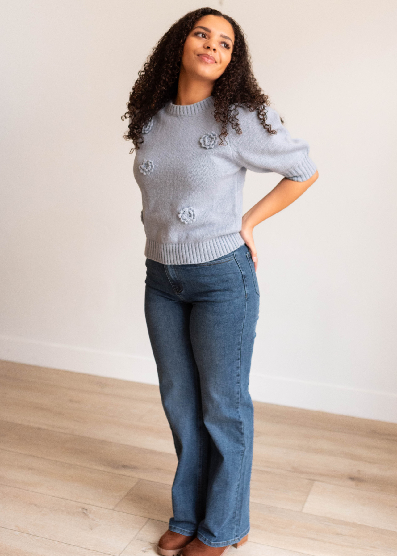 Henna Dusty Blue Floral Knit Sweater