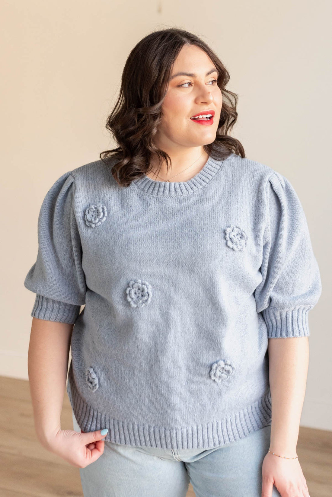 Henna Dusty Blue Floral Knit Sweater