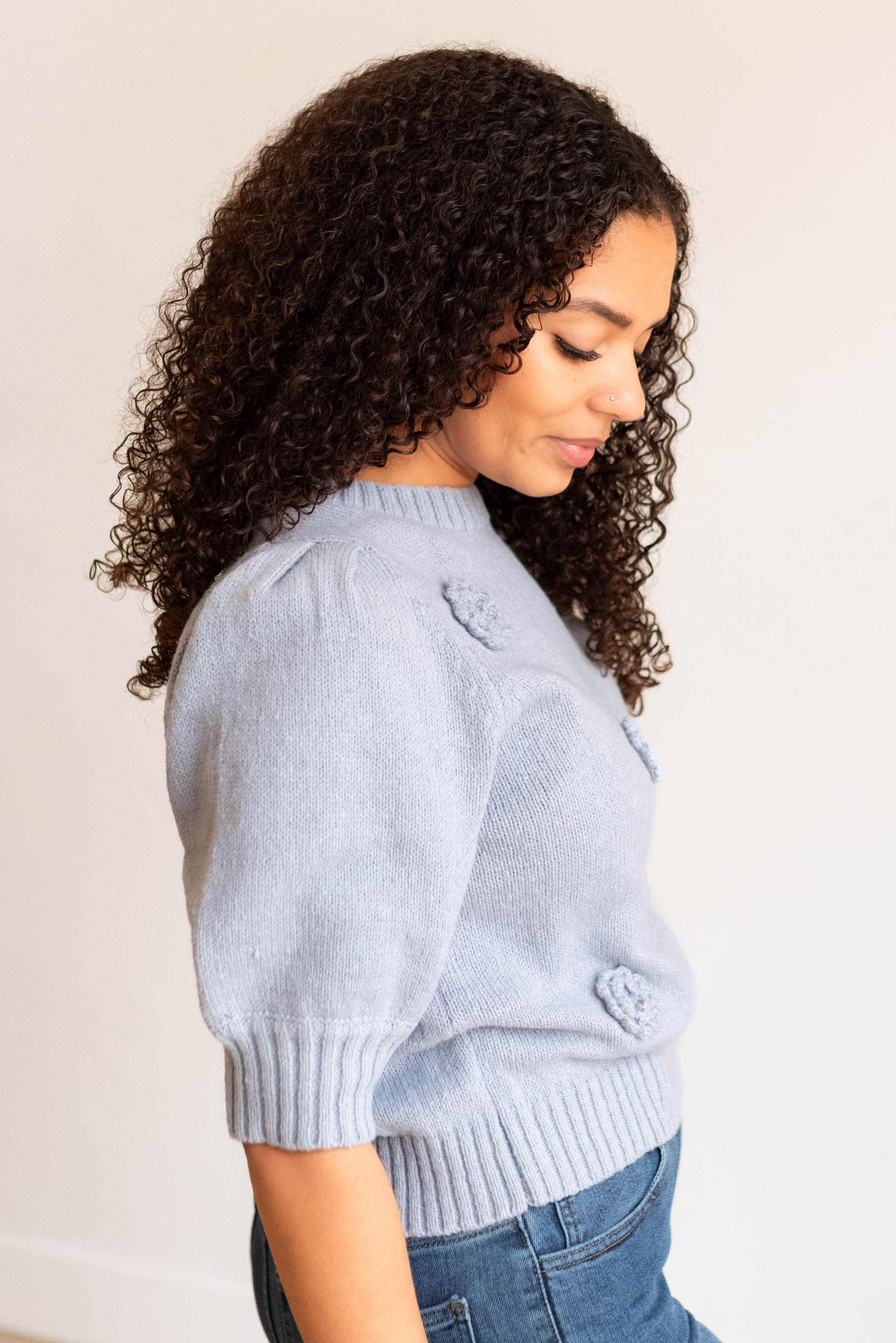 Henna Dusty Blue Floral Knit Sweater