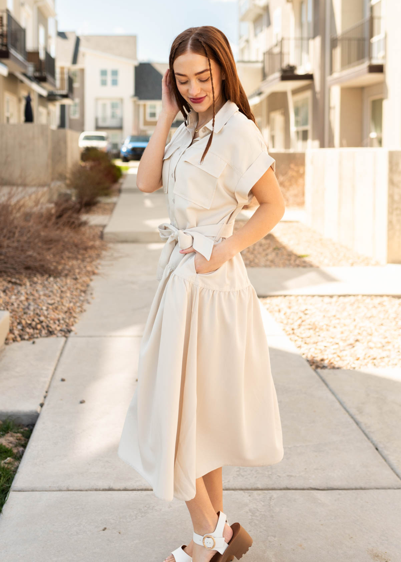 Isa Beige Button Down Dress