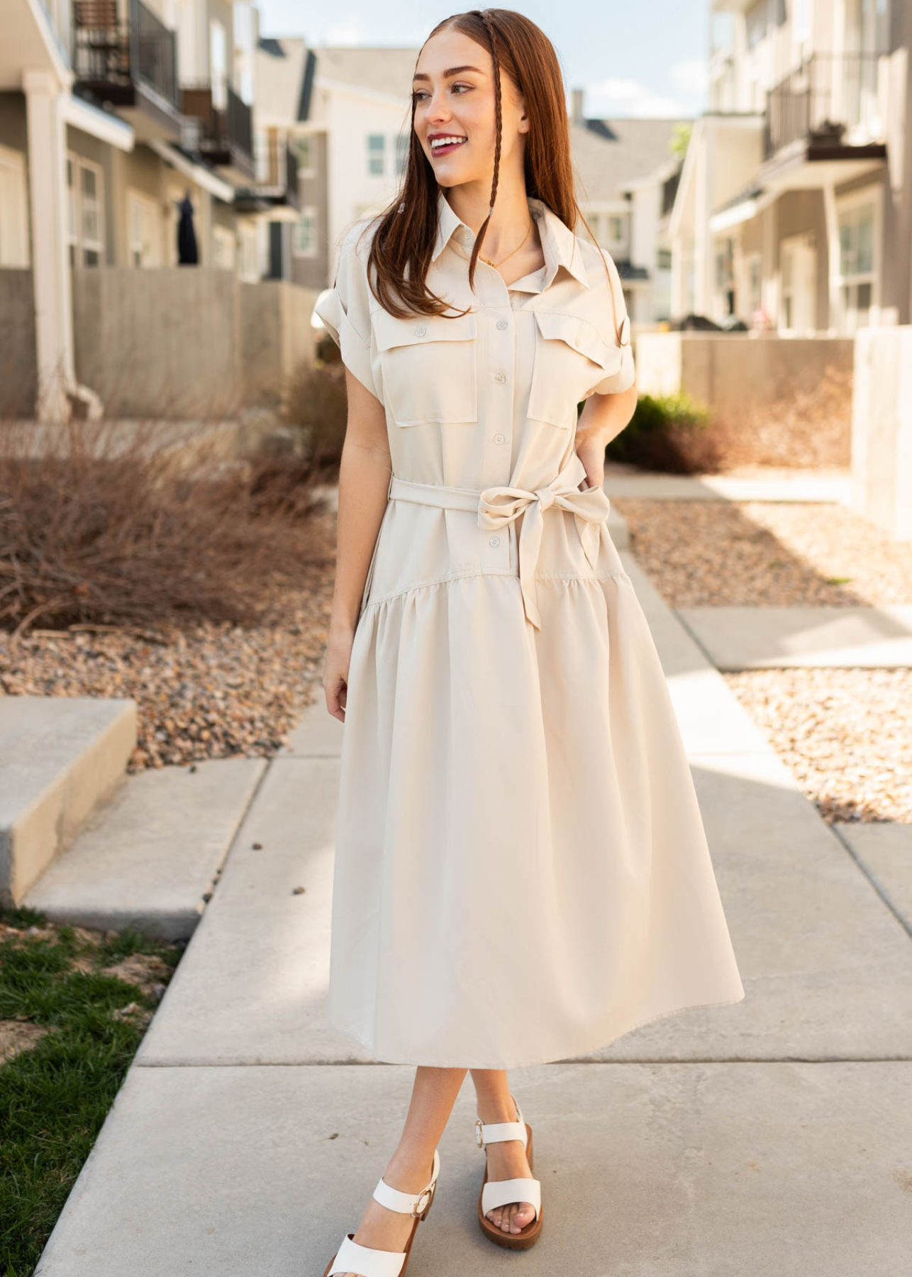 Isa Beige Button Down Dress