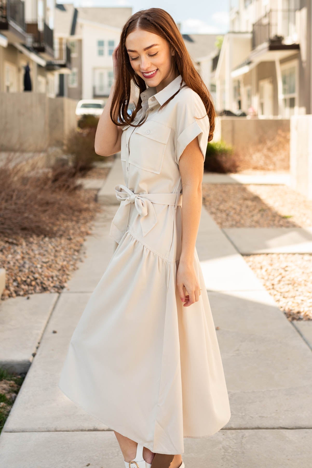 Isa Beige Button Down Dress