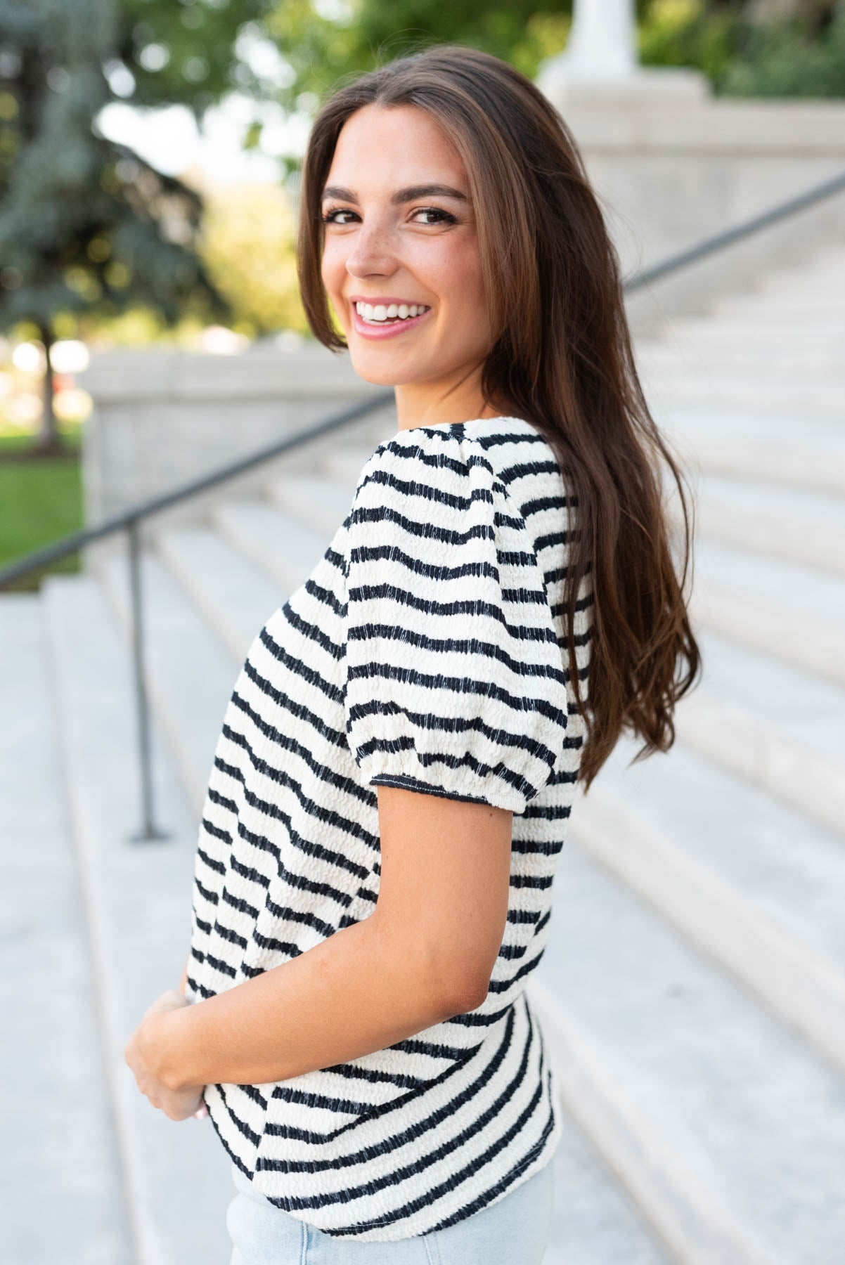 Isla Navy Stripe Textured Top