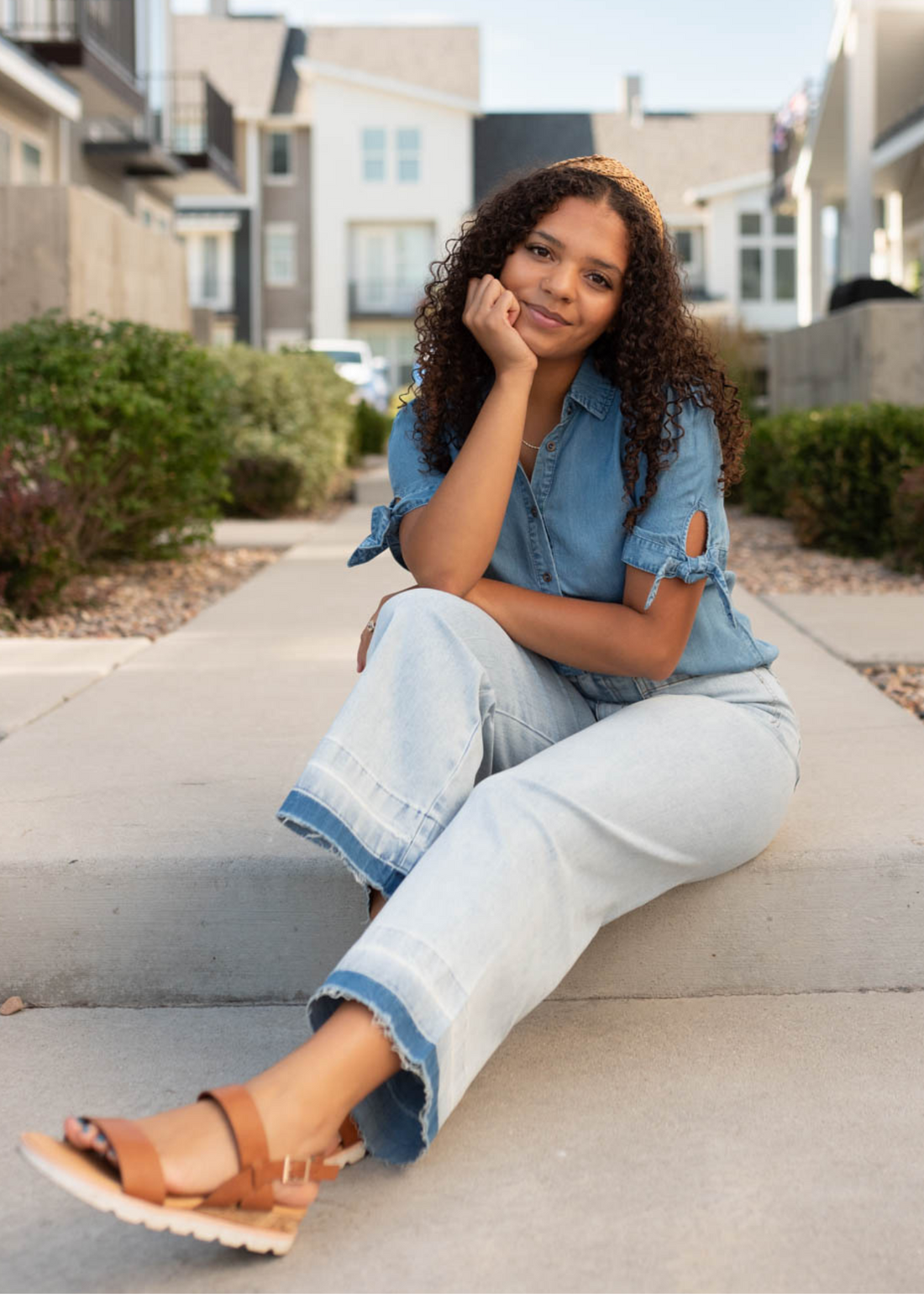 Jade Denim Tie Sleeve Top