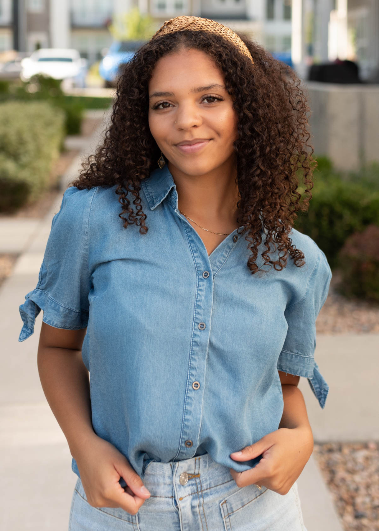 Jade Denim Tie Sleeve Top