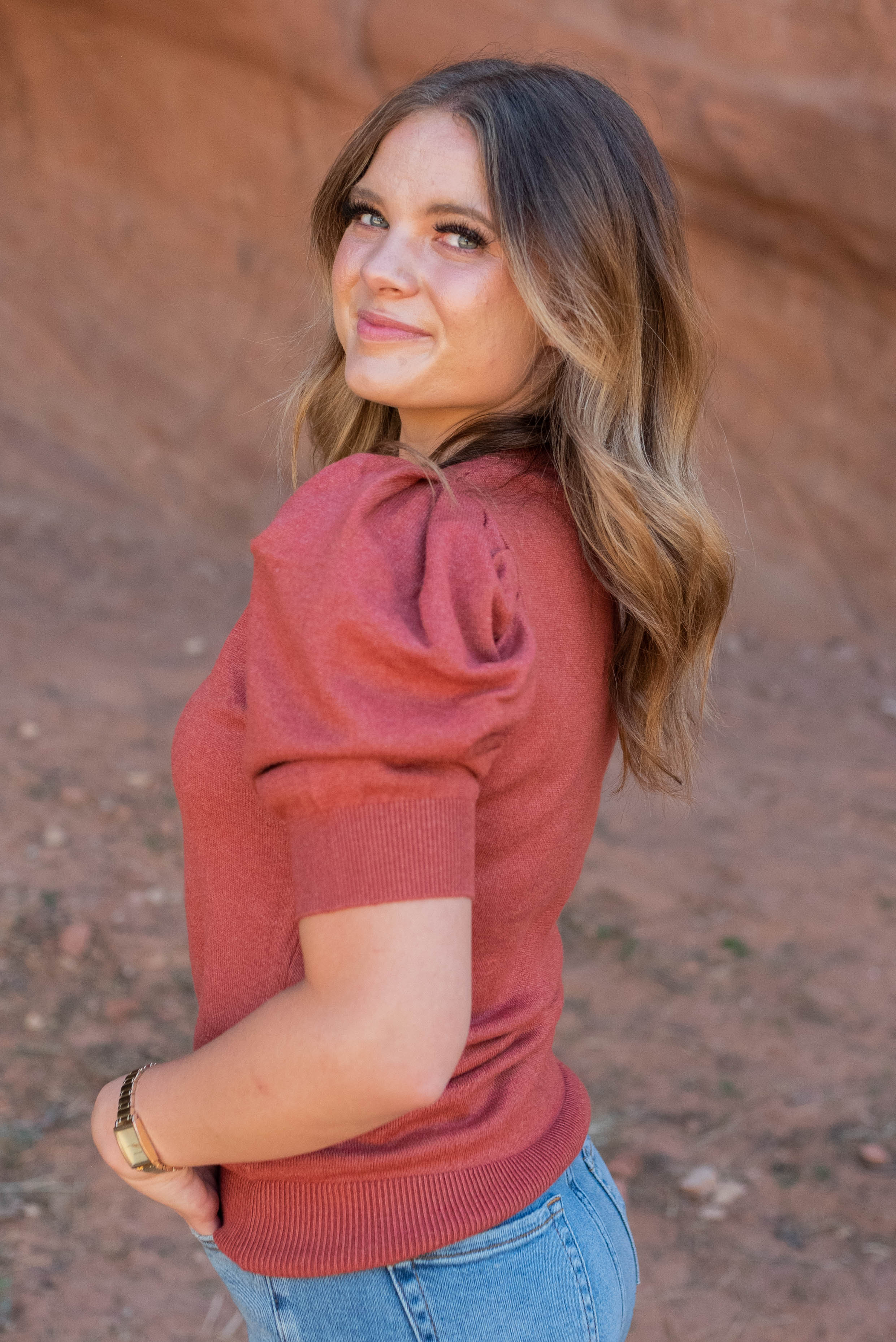 Jennifer Heather Rust Puff Sleeve Sweater Top