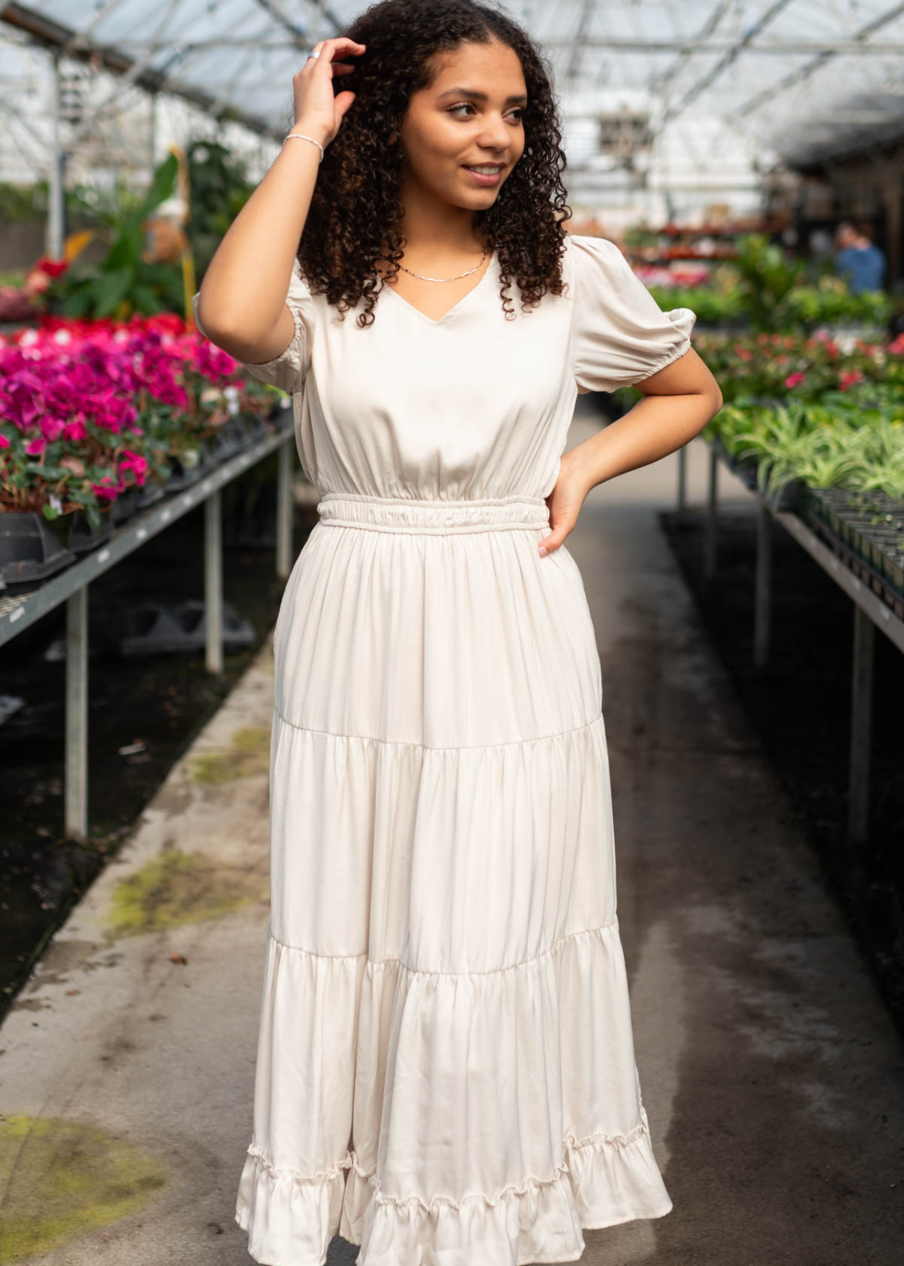 Jillian Ivory Satin Tiered Dress