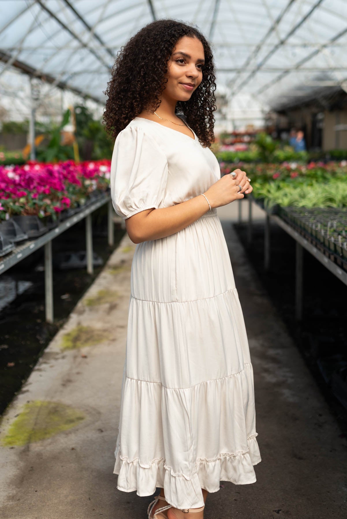 Jillian Ivory Satin Tiered Dress