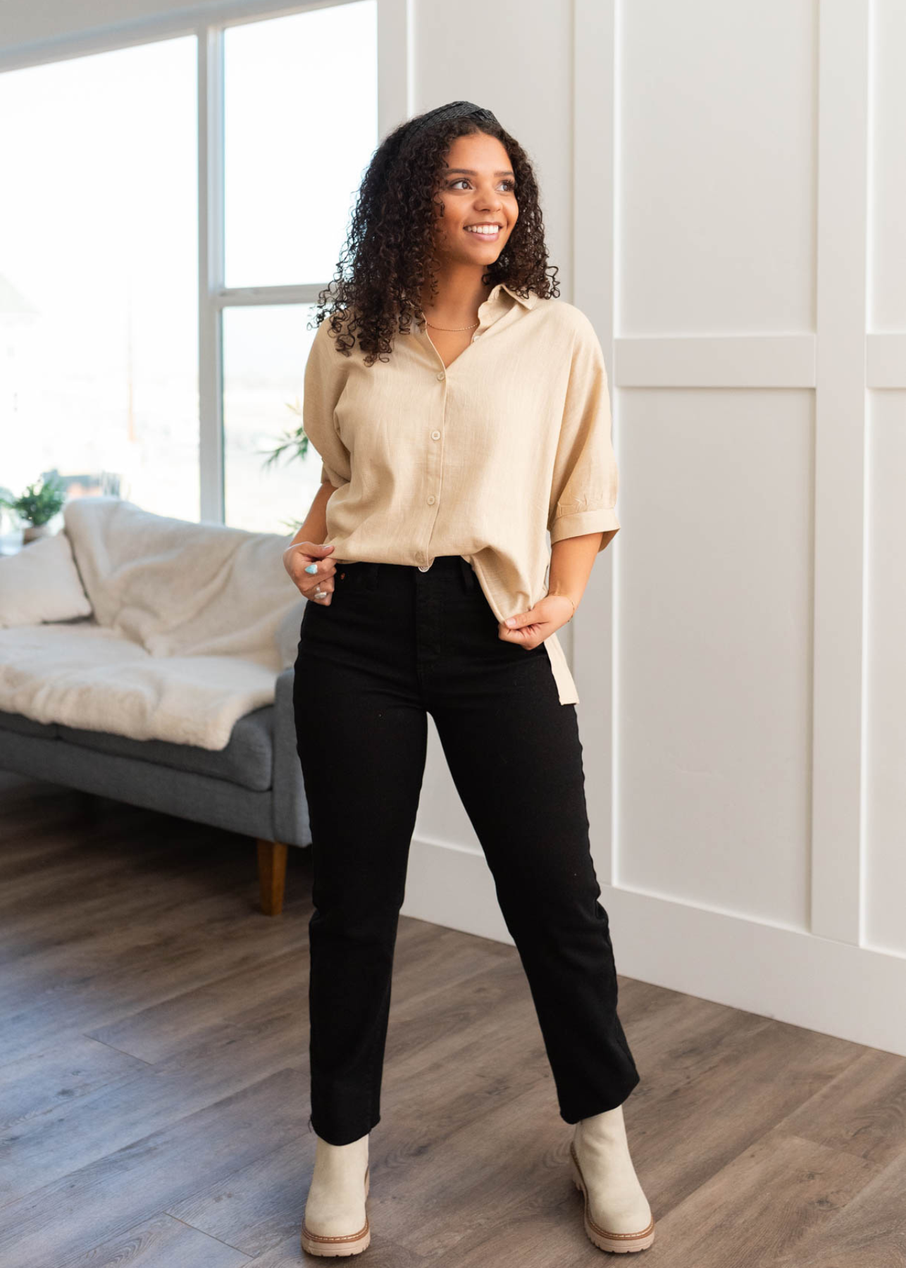 Jo Taupe Linen Button Down Shirt
