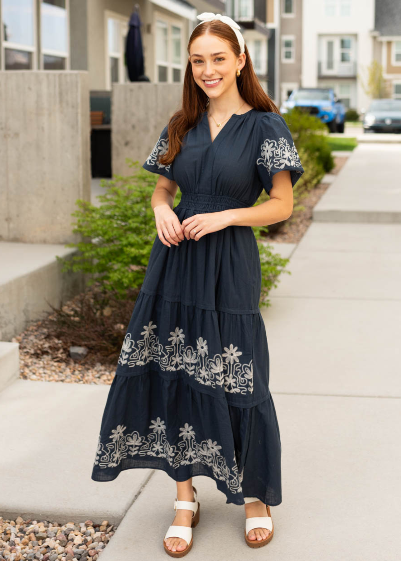 Jolie Navy Embroidered Detail Dress