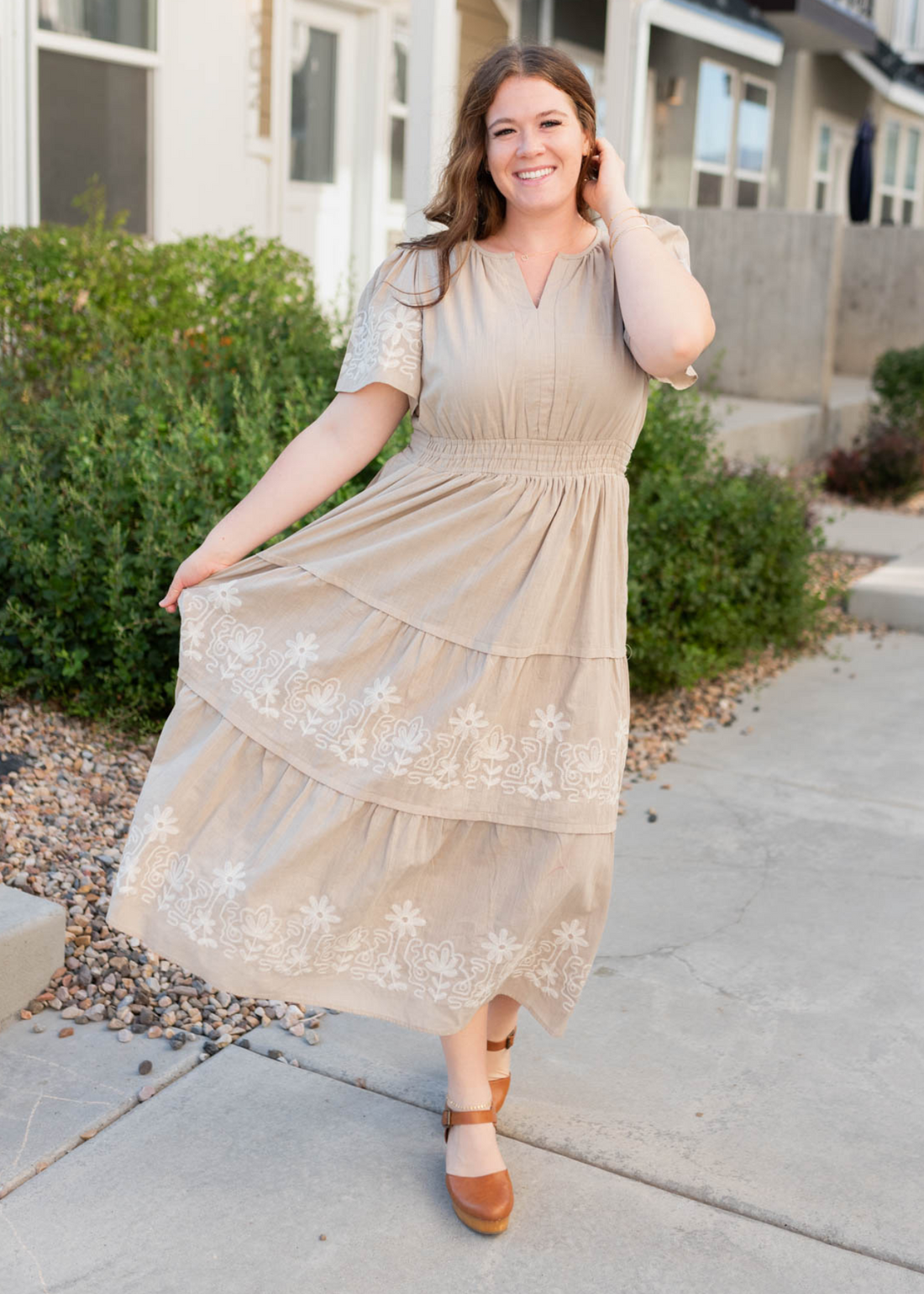 Jolie Taupe Embroidered Detail Dress
