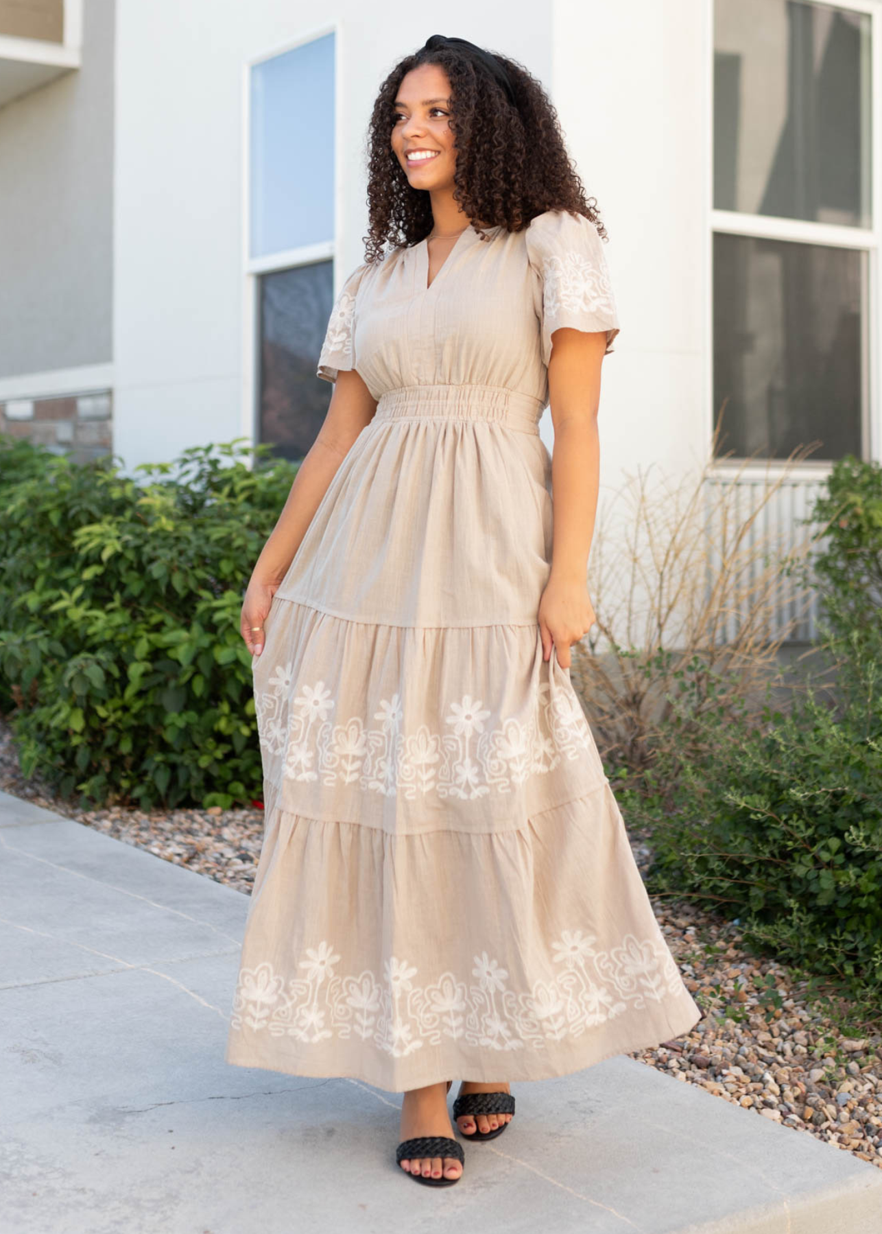 Jolie Taupe Embroidered Detail Dress