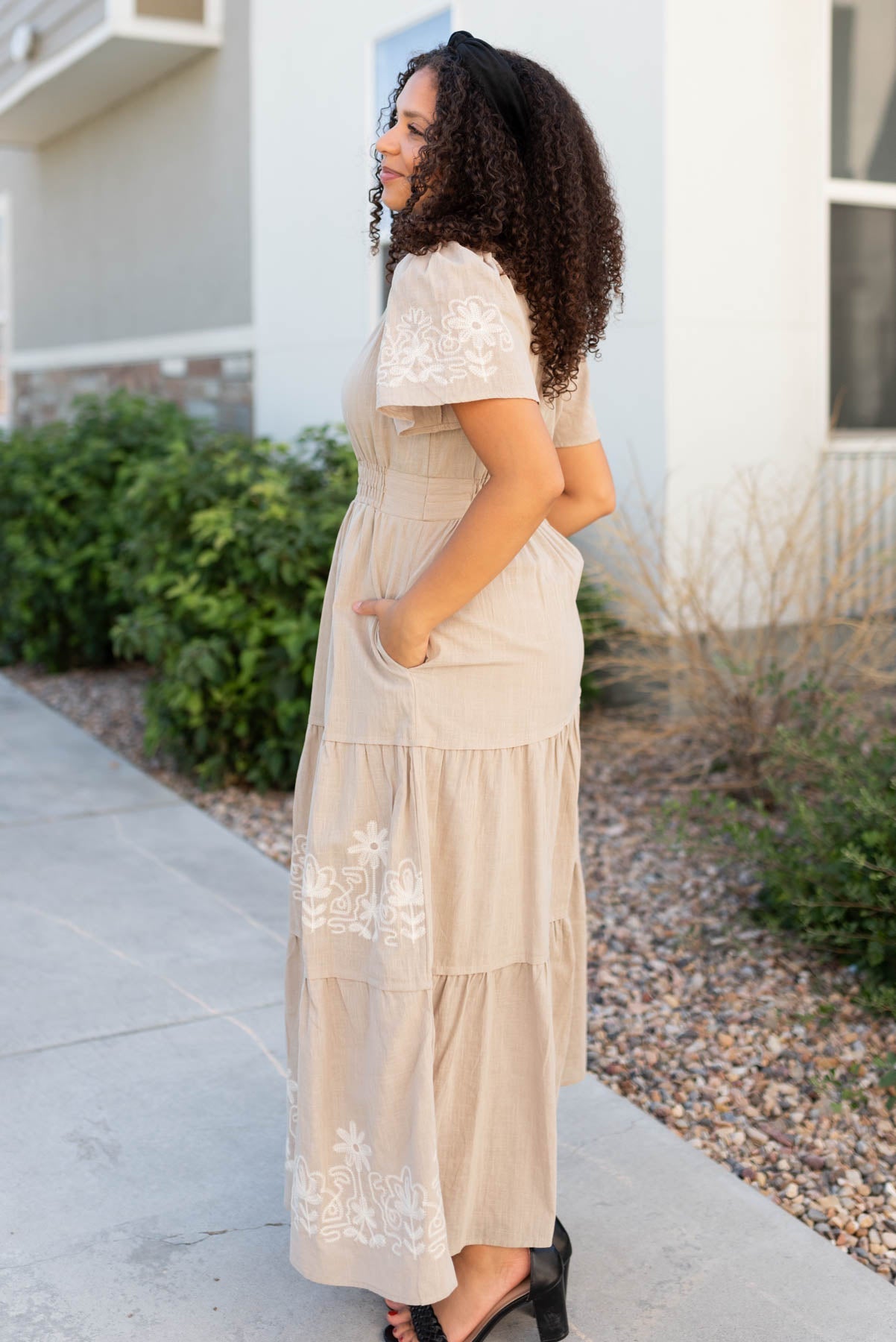 Jolie Taupe Embroidered Detail Dress