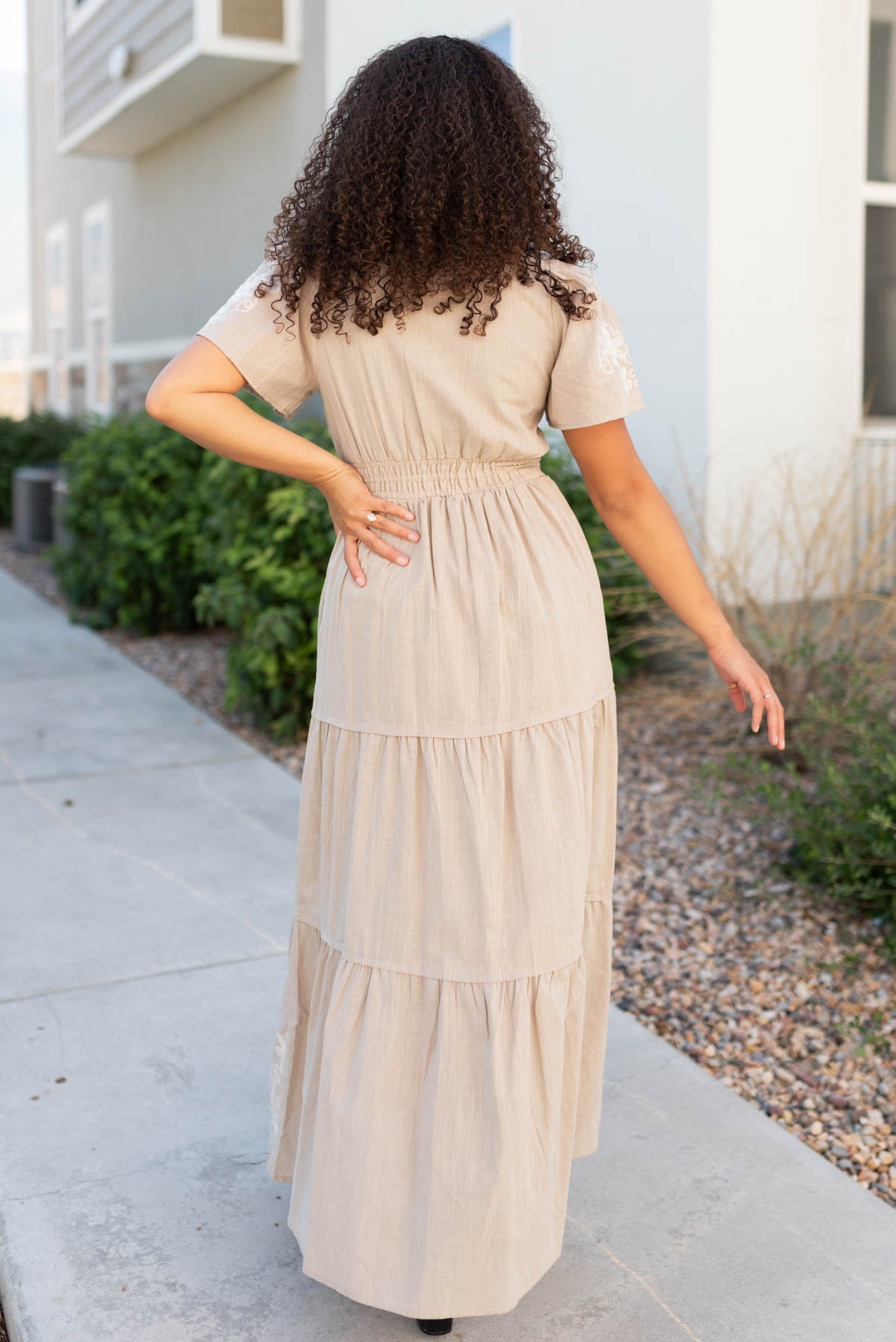 Jolie Taupe Embroidered Detail Dress