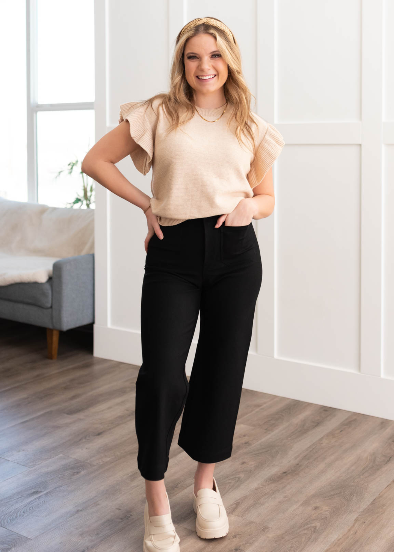 Jonni Beige Ruffle Sleeve Knit Top
