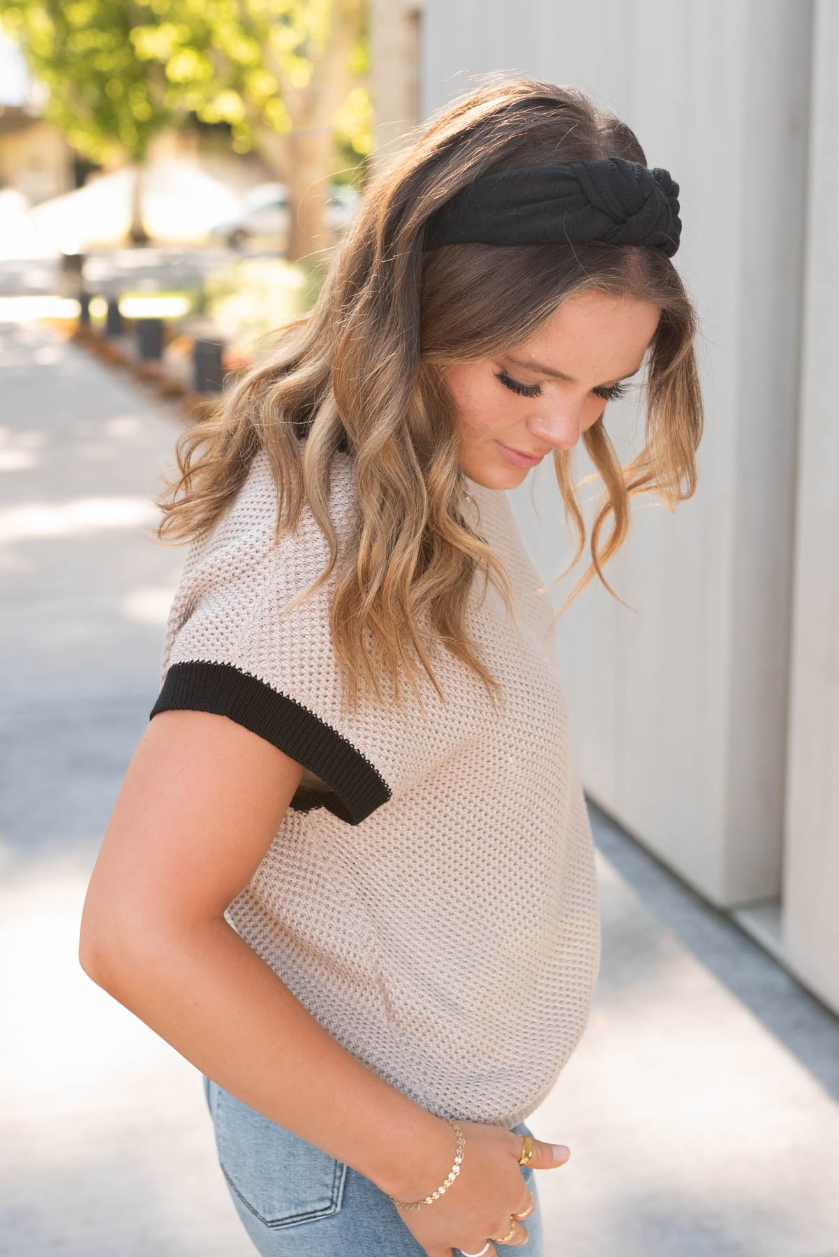 Juie Beige Black Trim Sweater