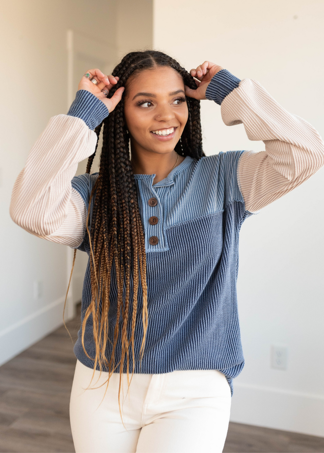 Kaitlyn Dark Denim Color Block Top