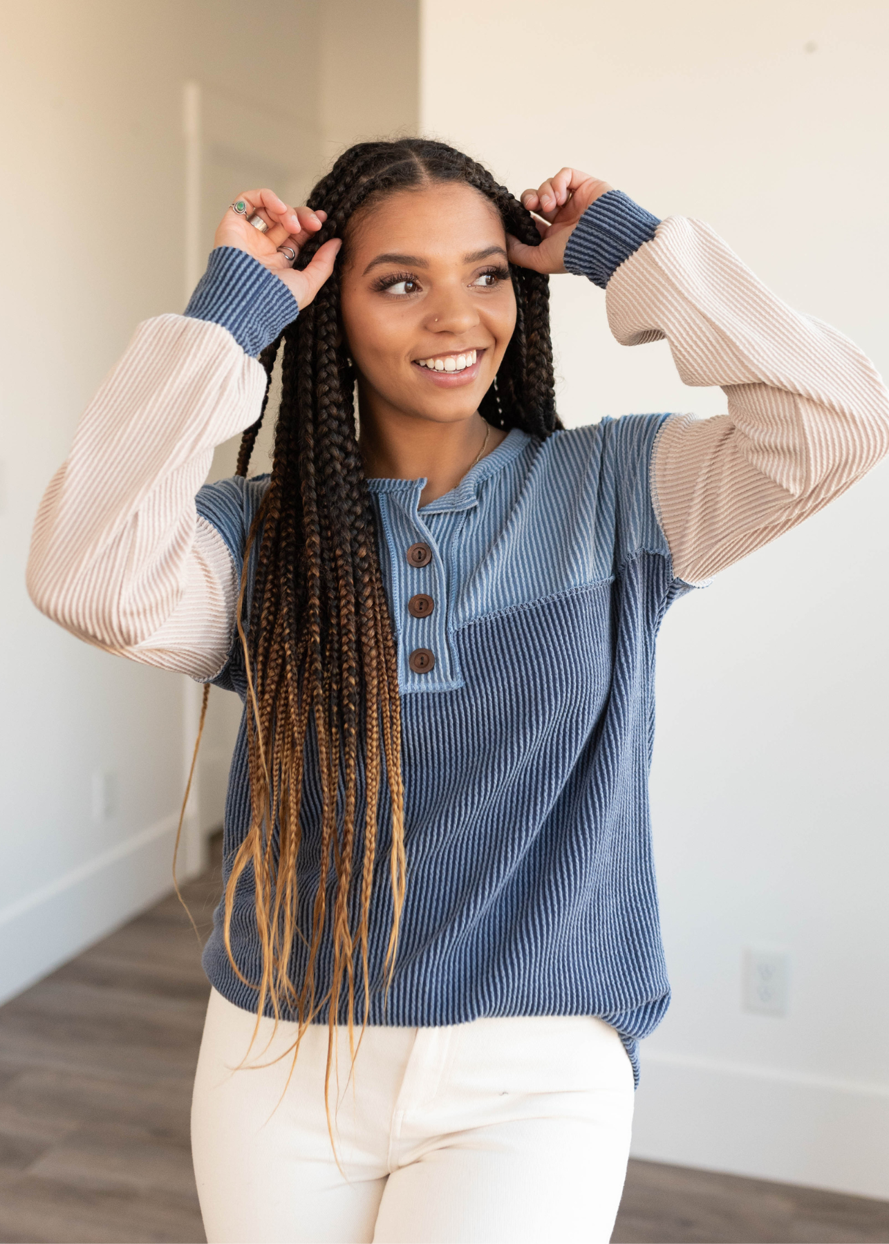 Kaitlyn Dark Denim Color Block Top