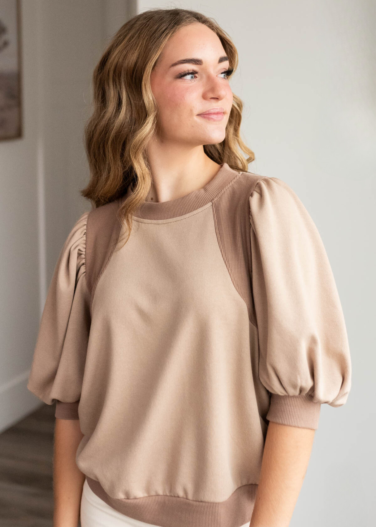 Kayla Taupe Puff Sleeve Pullover