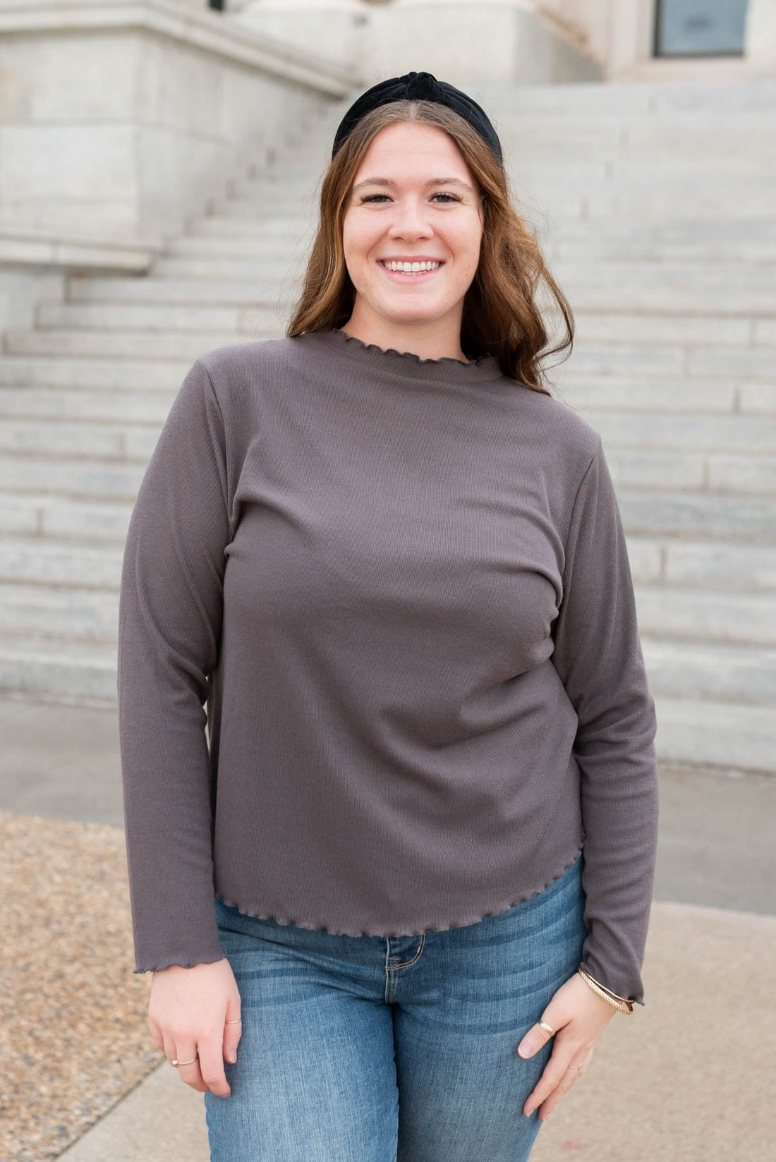 Kaylin Charcoal Ruffle Ribbed Top