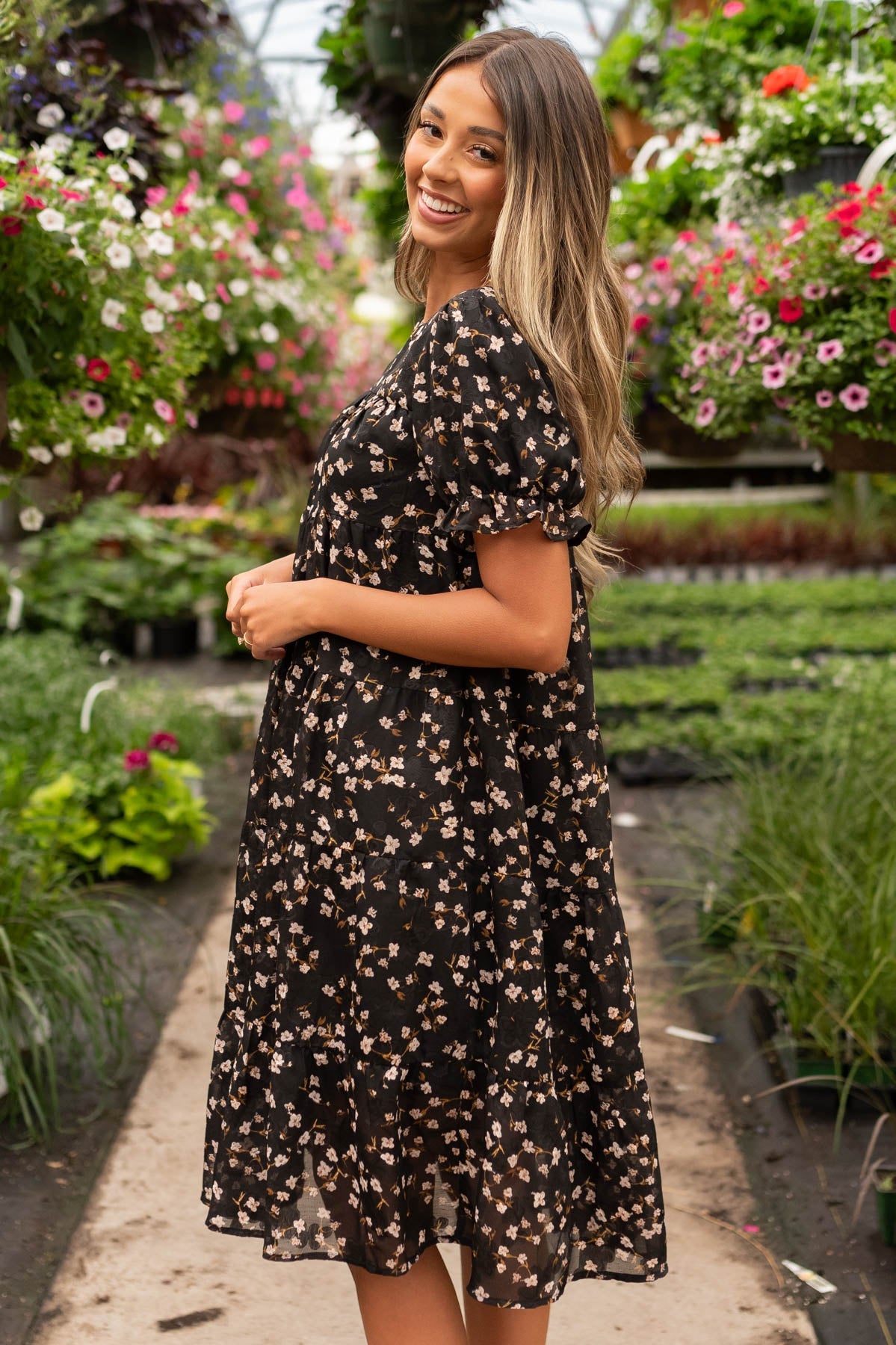 Kaysha Black Floral Midi Dress