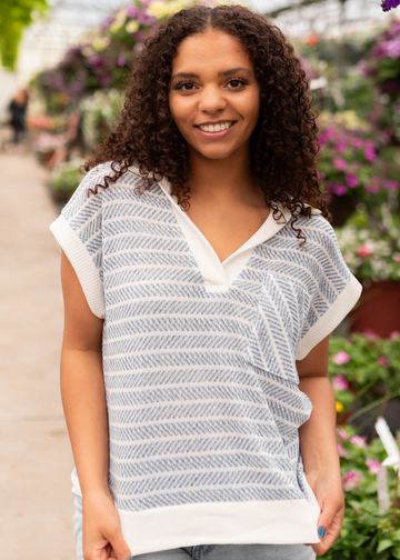 Kesley Blue Striped V Neck Top