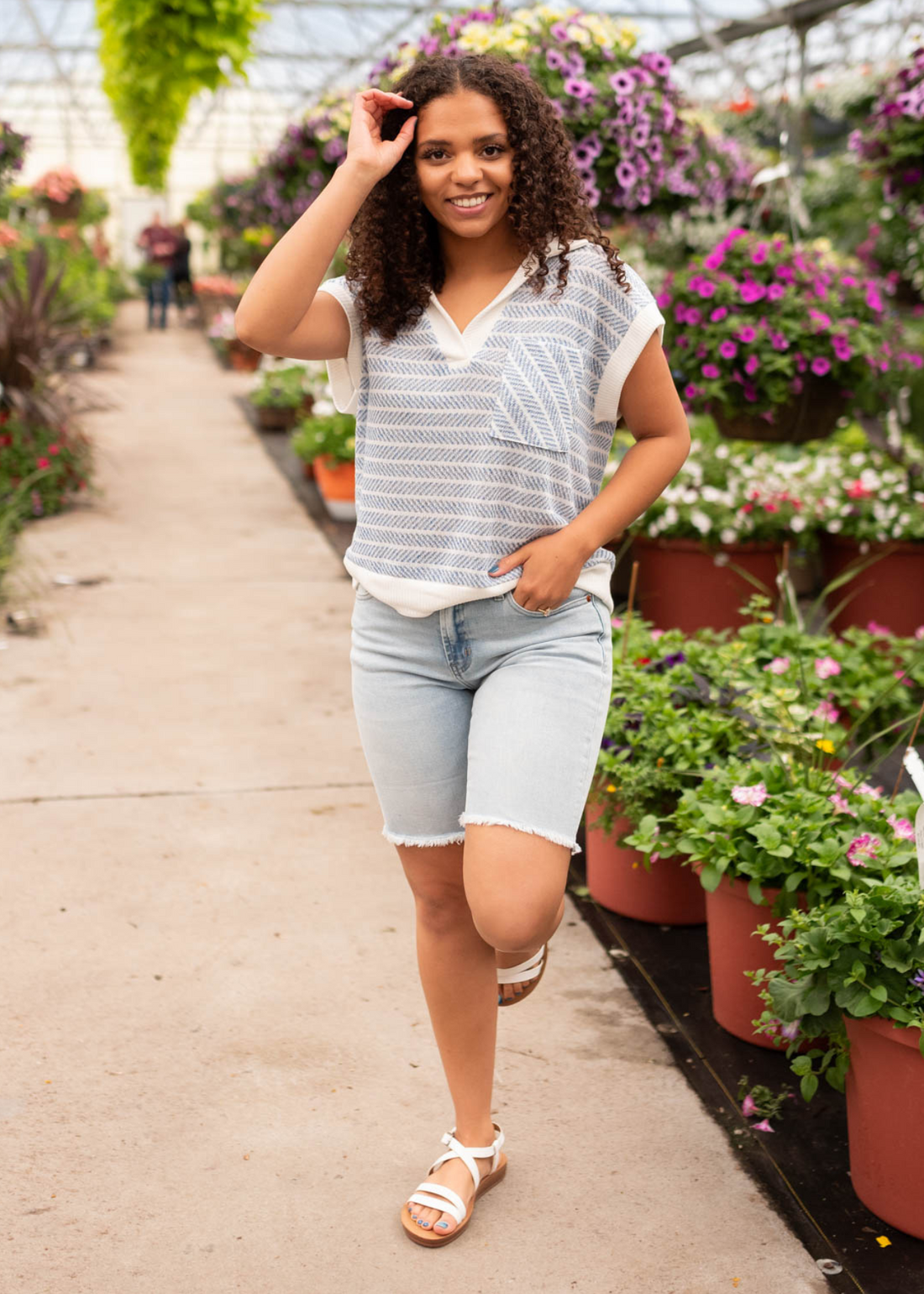 Kesley Blue Striped V Neck Top