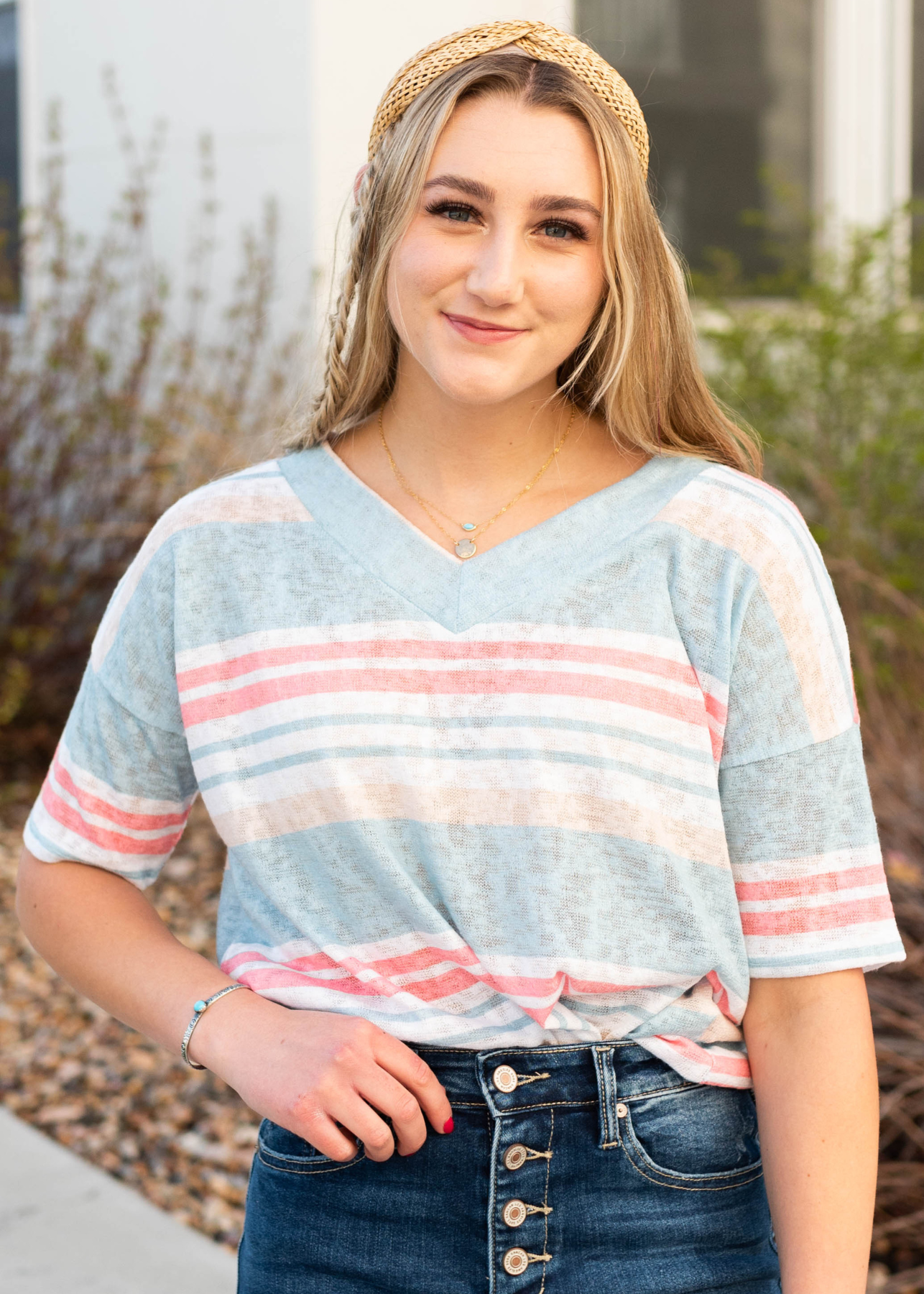 Kira Blue V-Neck Stripe Shirt