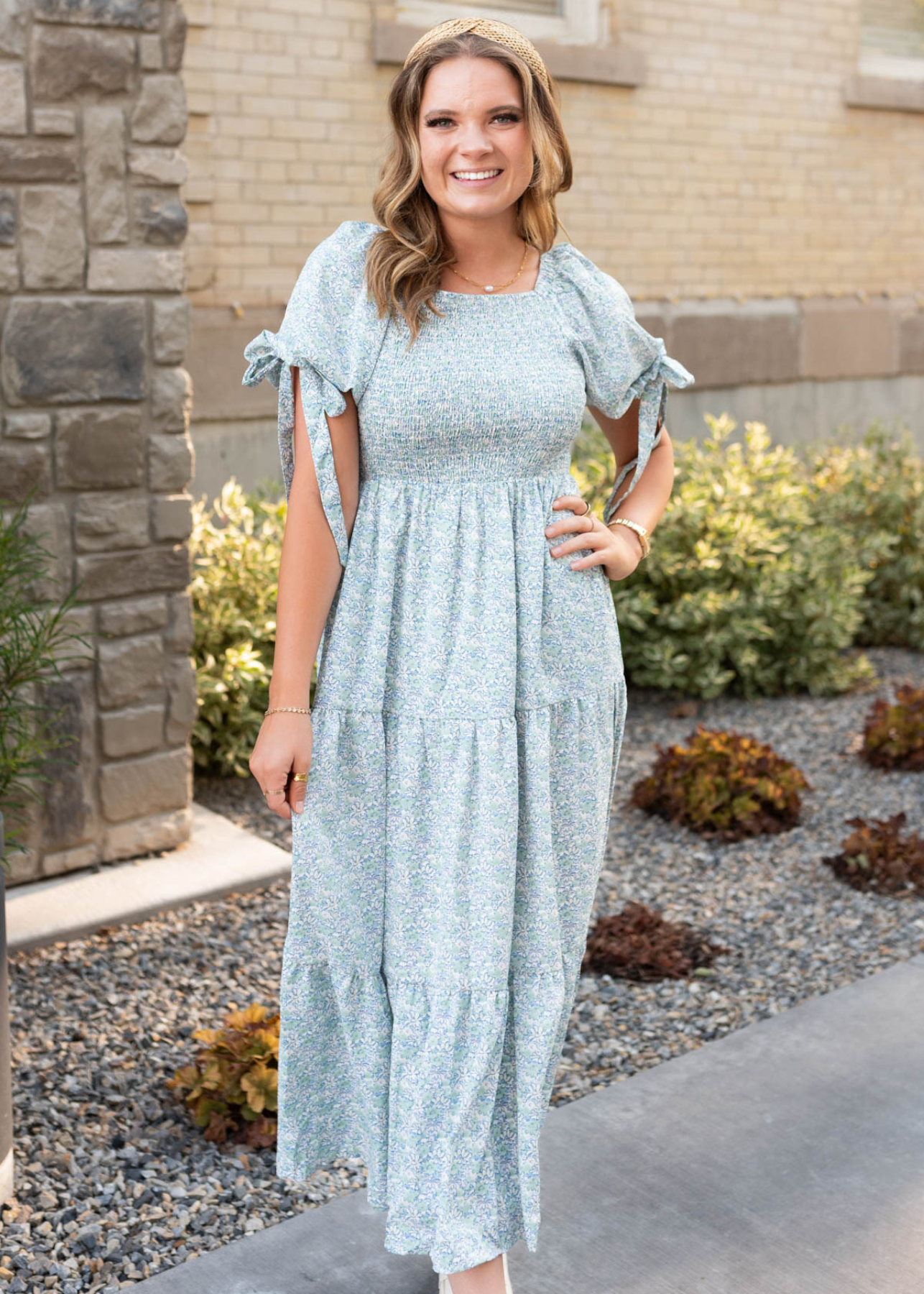 Kori Sage Floral Smocked Dress