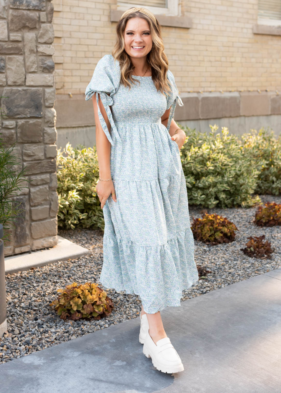 Kori Sage Floral Smocked Dress