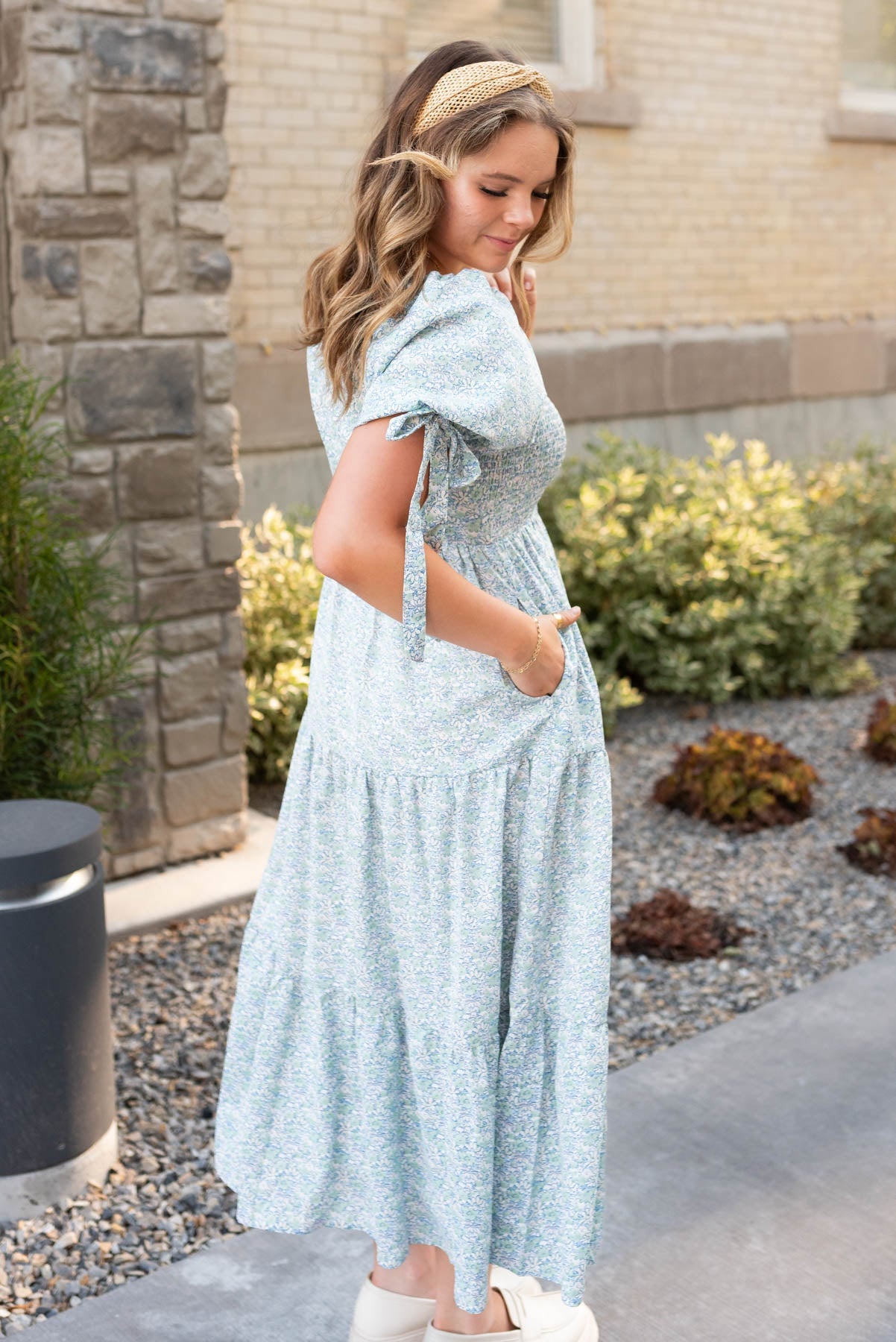 Kori Sage Floral Smocked Dress