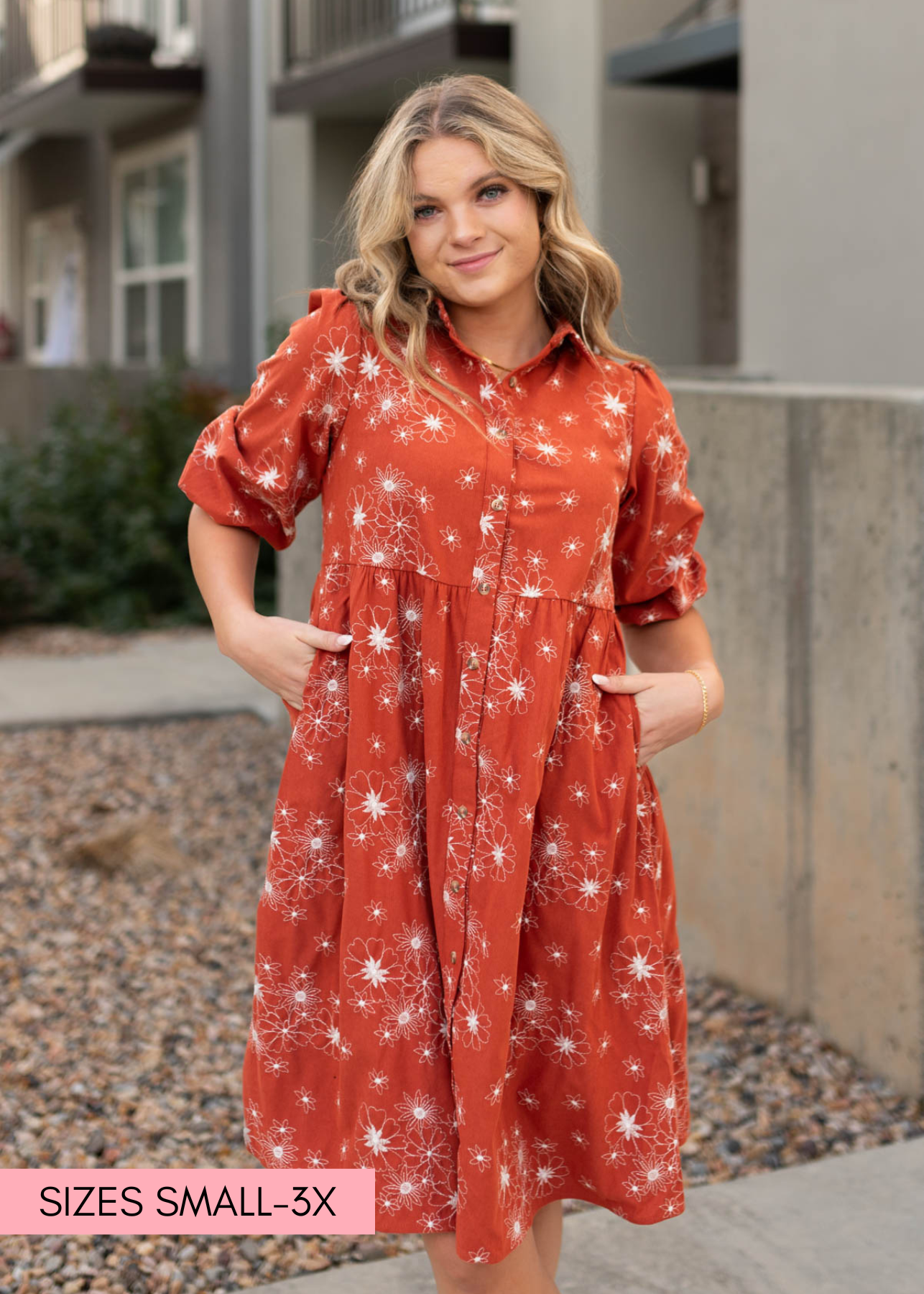 Krissy Rust Corduroy Embroidered Dress