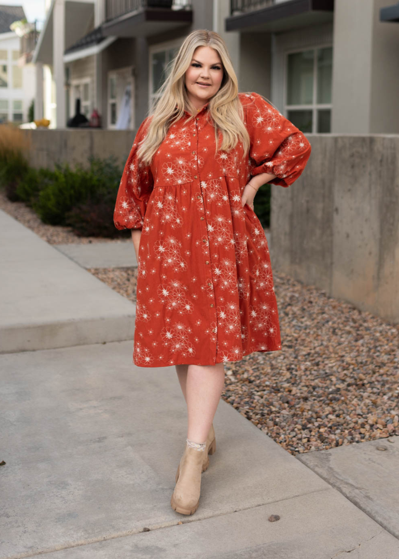Krissy Rust Corduroy Embroidered Dress