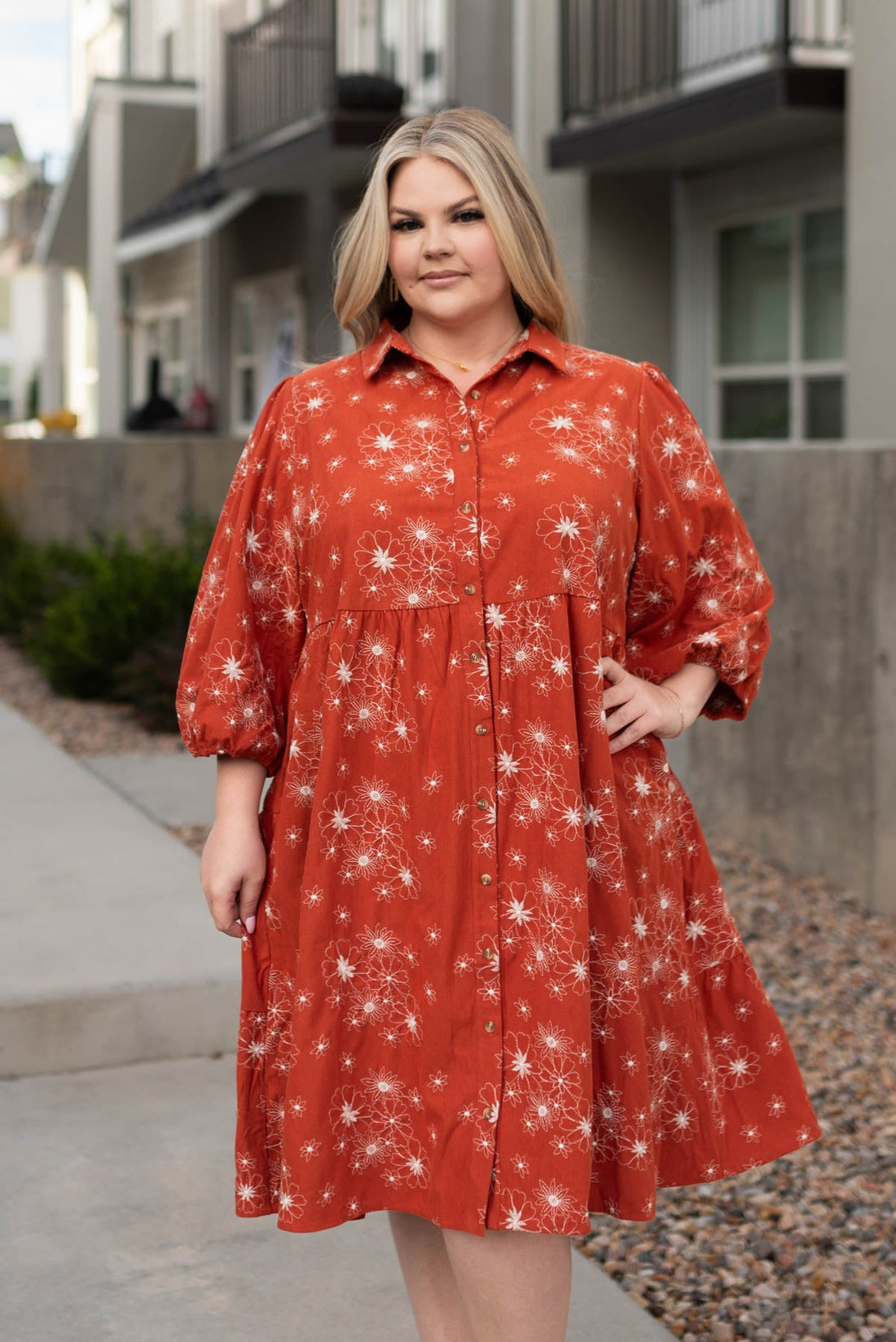 Krissy Rust Corduroy Embroidered Dress