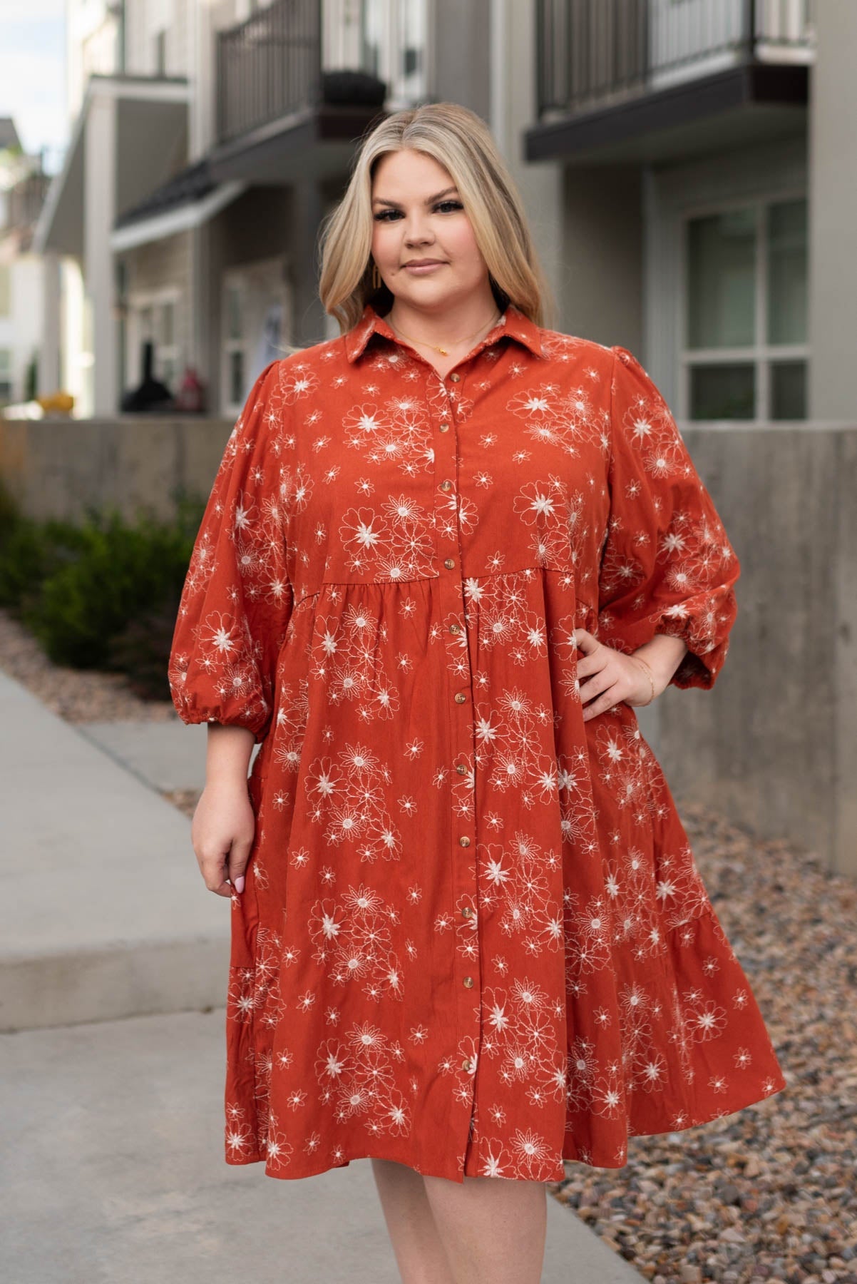 Krissy Rust Corduroy Embroidered Dress