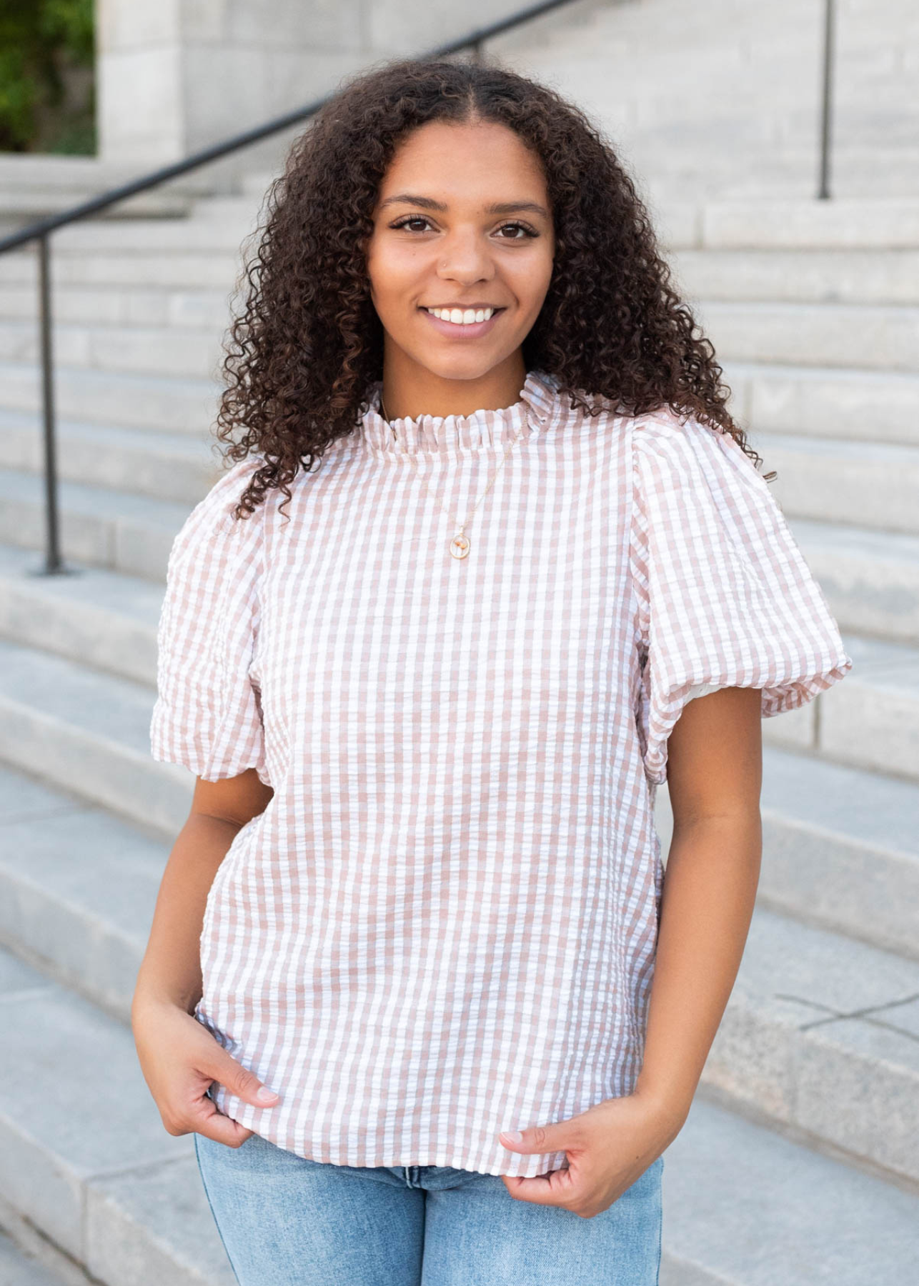 Kyla Latte Gingham Puff Sleeve Top