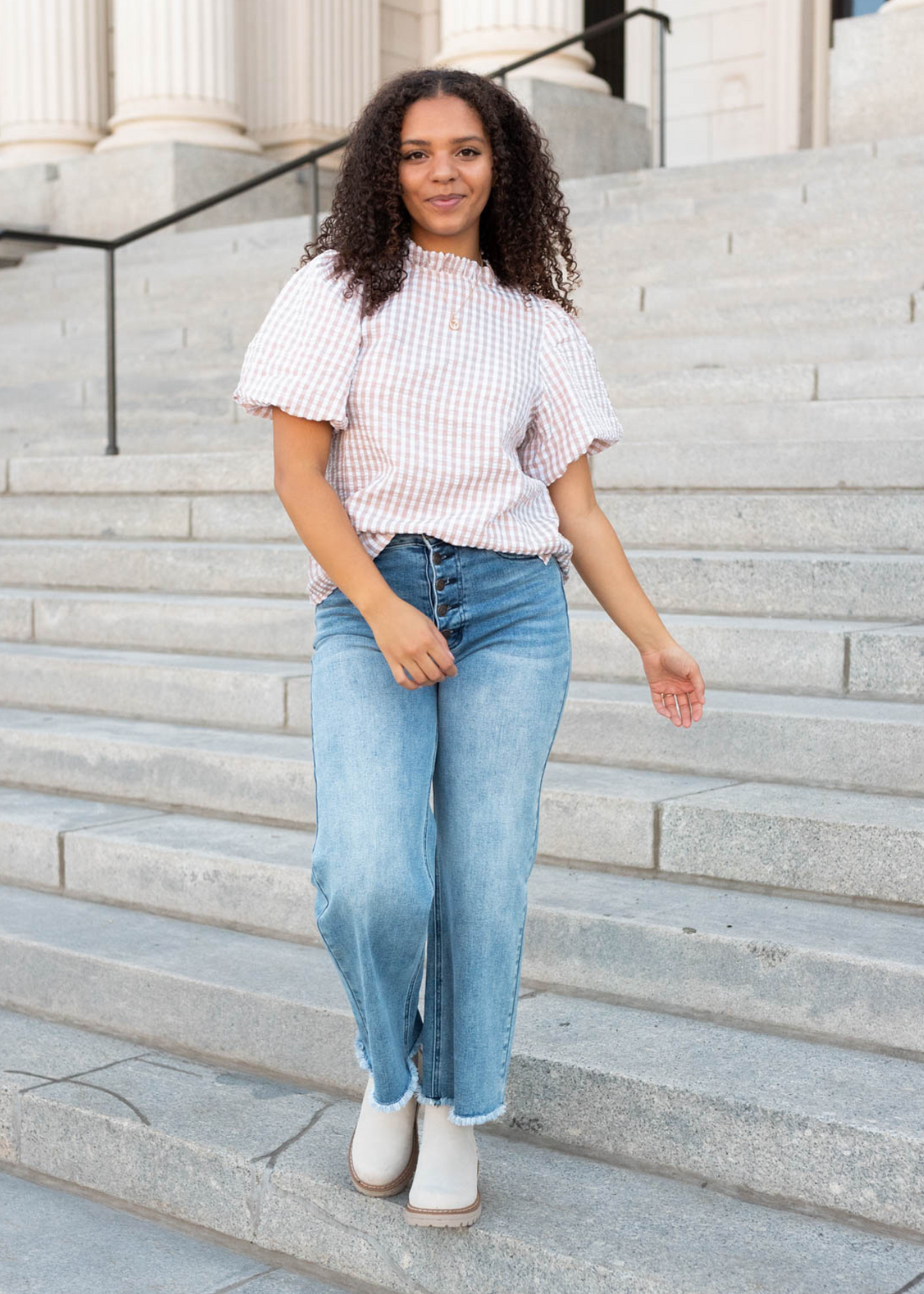 Kyla Latte Gingham Puff Sleeve Top