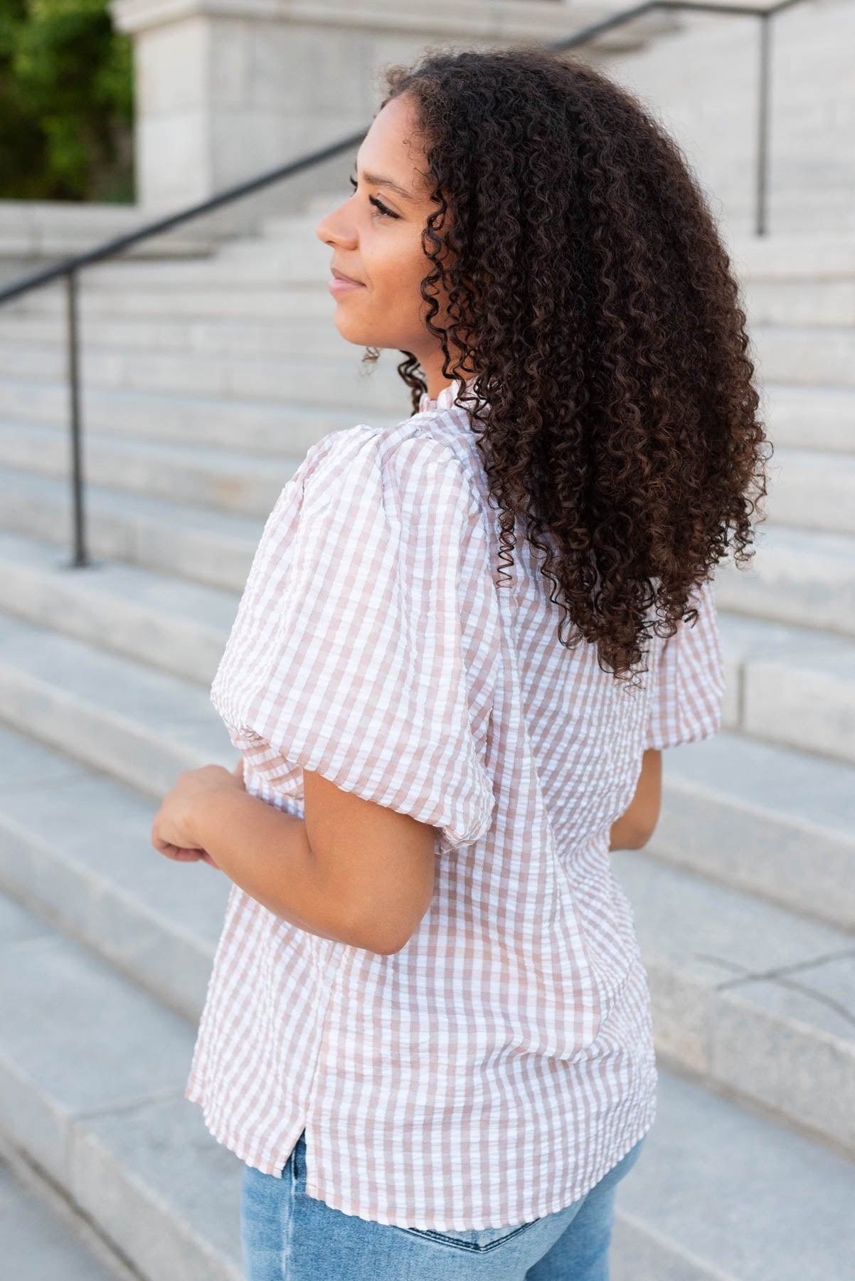 Kyla Latte Gingham Puff Sleeve Top