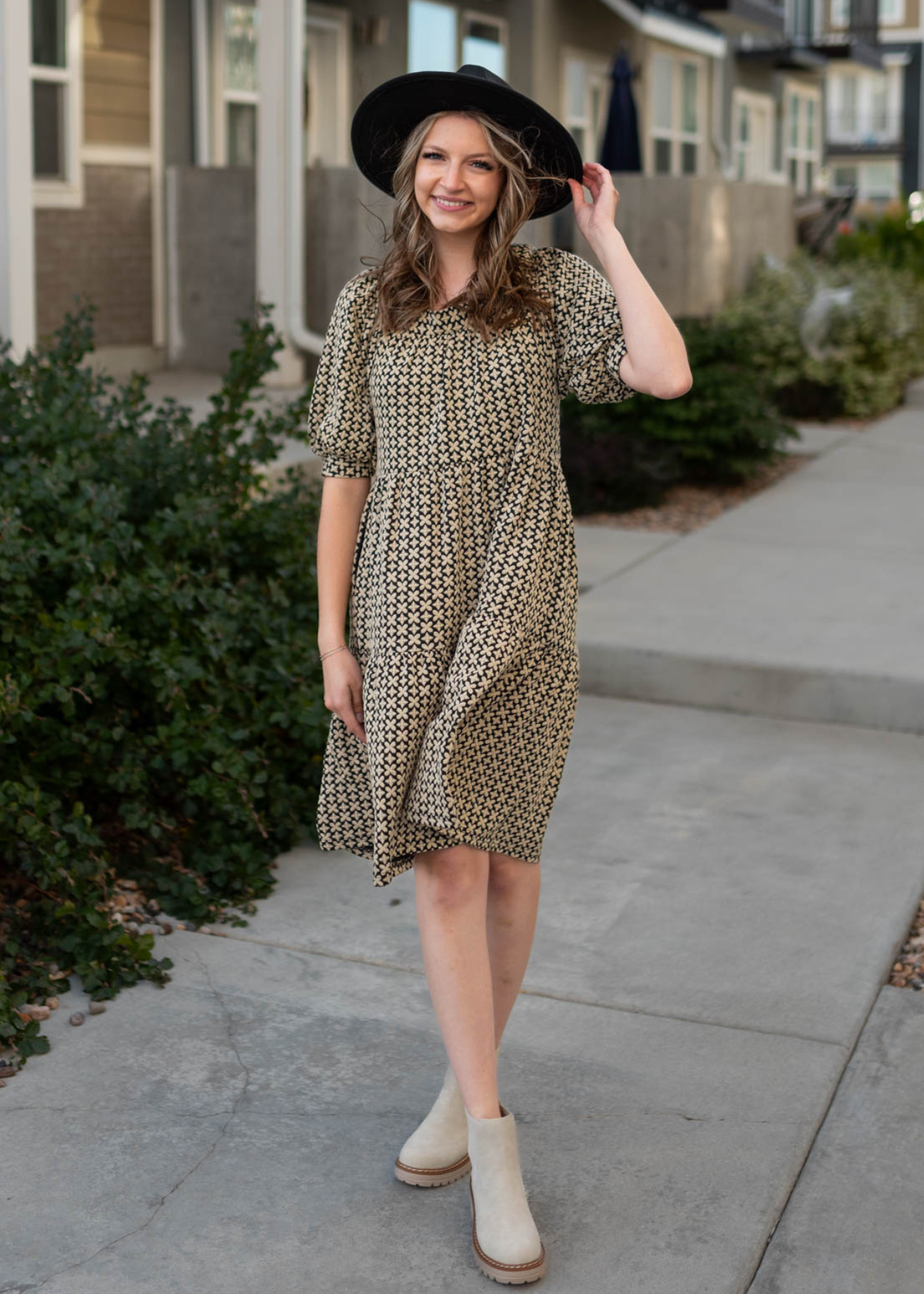 Kylie Black Pattern Tiered Dress
